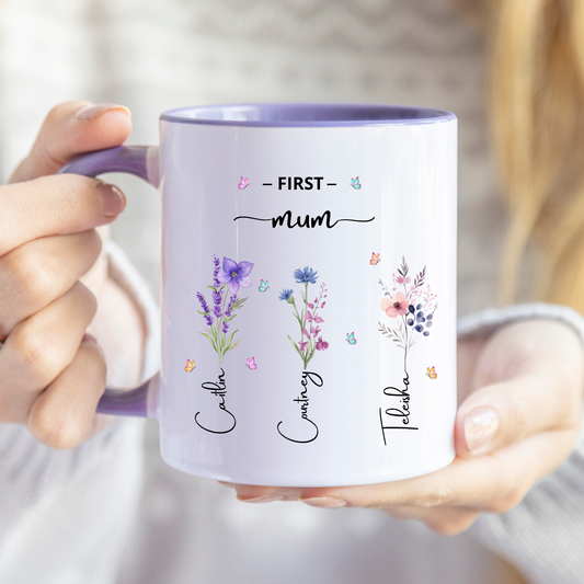 Custom grandma mug featuring children and grandchildren names with flower letters, meaningful personalised gift for grandma