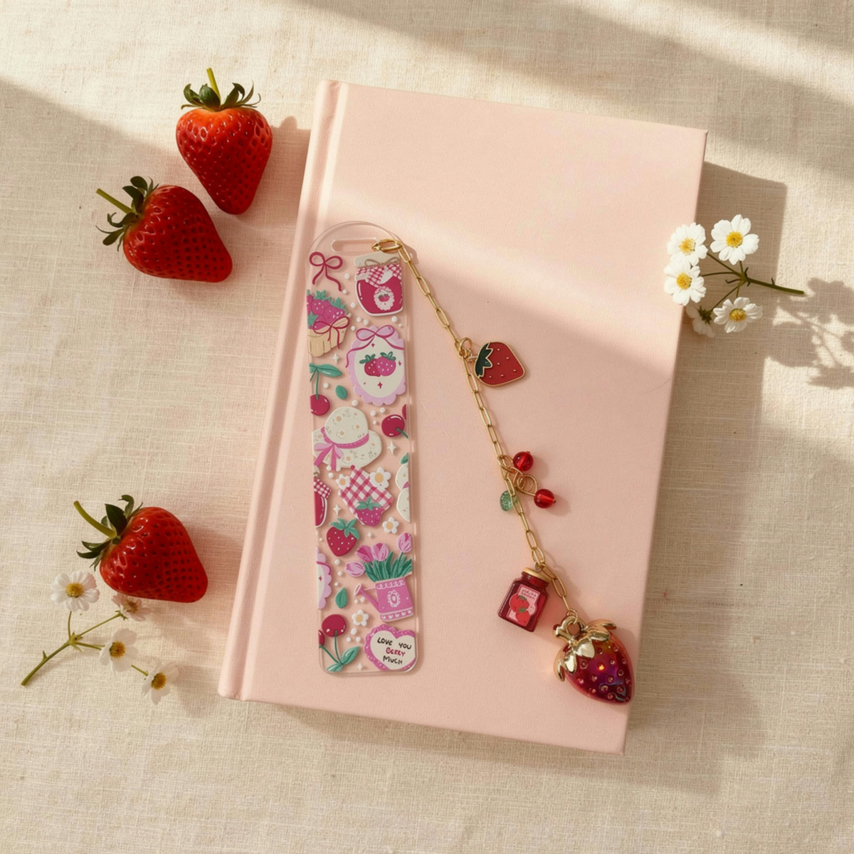 Strawberry Bookmark, Personalised Strawberry Bookmark with Charms, Cute Acrylic Bookmark, Kawaii Fruit Bookmark, Book Lover Gift, Coquette Gift