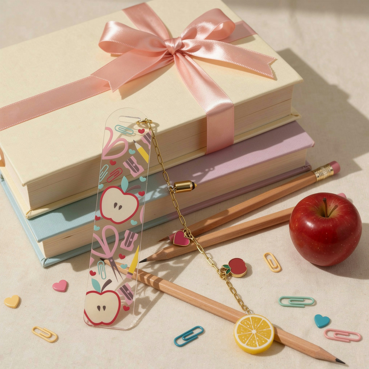 Teacher Bookmark with Charms, Cute Acrylic Bookmark, Teacher Appreciation Gift, Apple Bookmark, End of Year Teacher Gift, Christmas Present