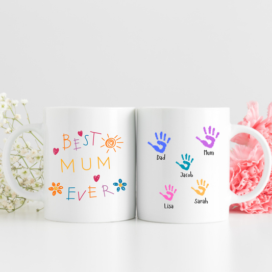 Best Mum Ever Mug • Personalised Kids Handprint Mug for Mum • Best Mum Ever Handprint Mug • Custom Handprint Mug for Mum with kids names
