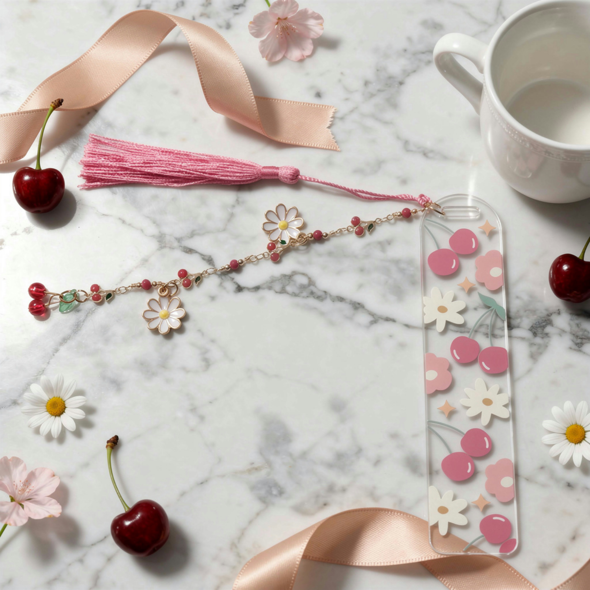 Cherry Bookmark. Cherry Book Lover Gift. Cherry Lover Acrylic Bookmark. Cherries Bookmark with Charms. Cherry Blossom Bookmark
