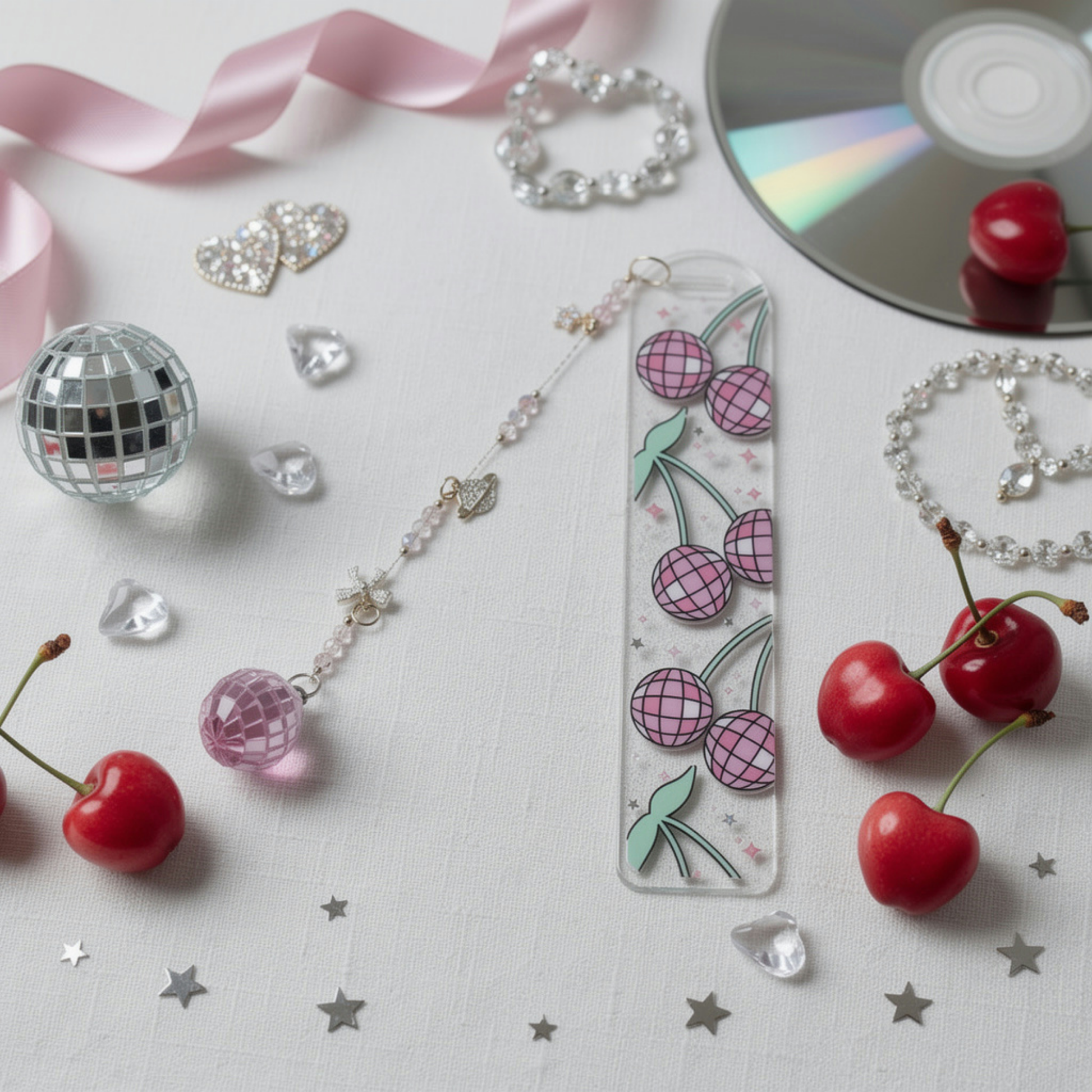 Disco Cherry Bookmark. Y2K Cherry Bookmark. Disco Cherry Bookmark for Book Lovers. Pink Disco Cherry Bookmark. Cherry Disco Ball Bookmark