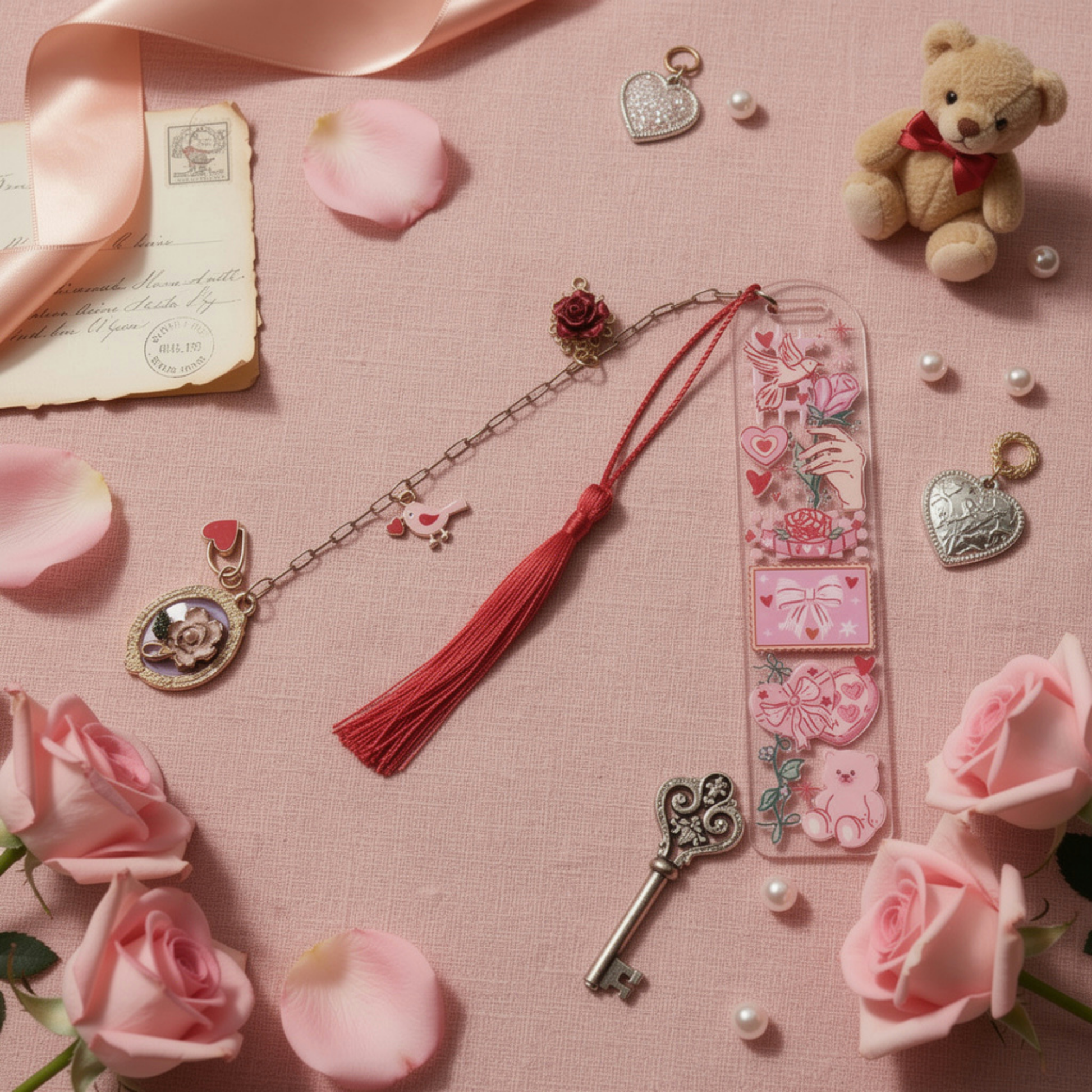 Romantic Bookmark. Valentine Bookmark with Charm. Love Letter Bookmark Love Themed Bookmark Romantic Bookmark for Readers Pink Love Bookmark