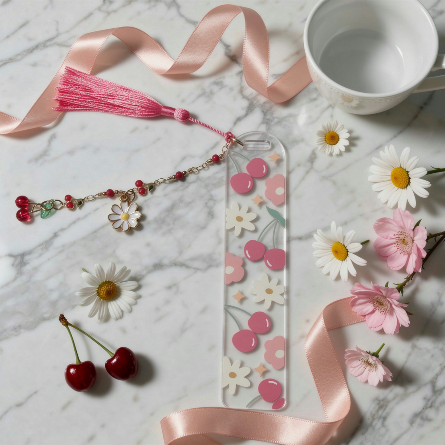 Cherry Bookmark. Cherry Book Lover Gift. Cherry Lover Acrylic Bookmark. Cherries Bookmark with Charms. Cherry Blossom Bookmark
