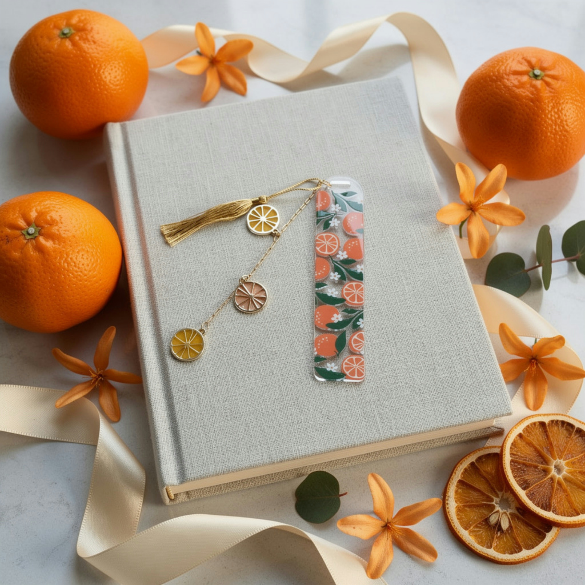 Orange Bookmark. Orange Acrylic Bookmark with Citrus Charms. Orange Bookmark for Book Lovers. Orange Lover Bookmark Gift. Citrus Bookmark