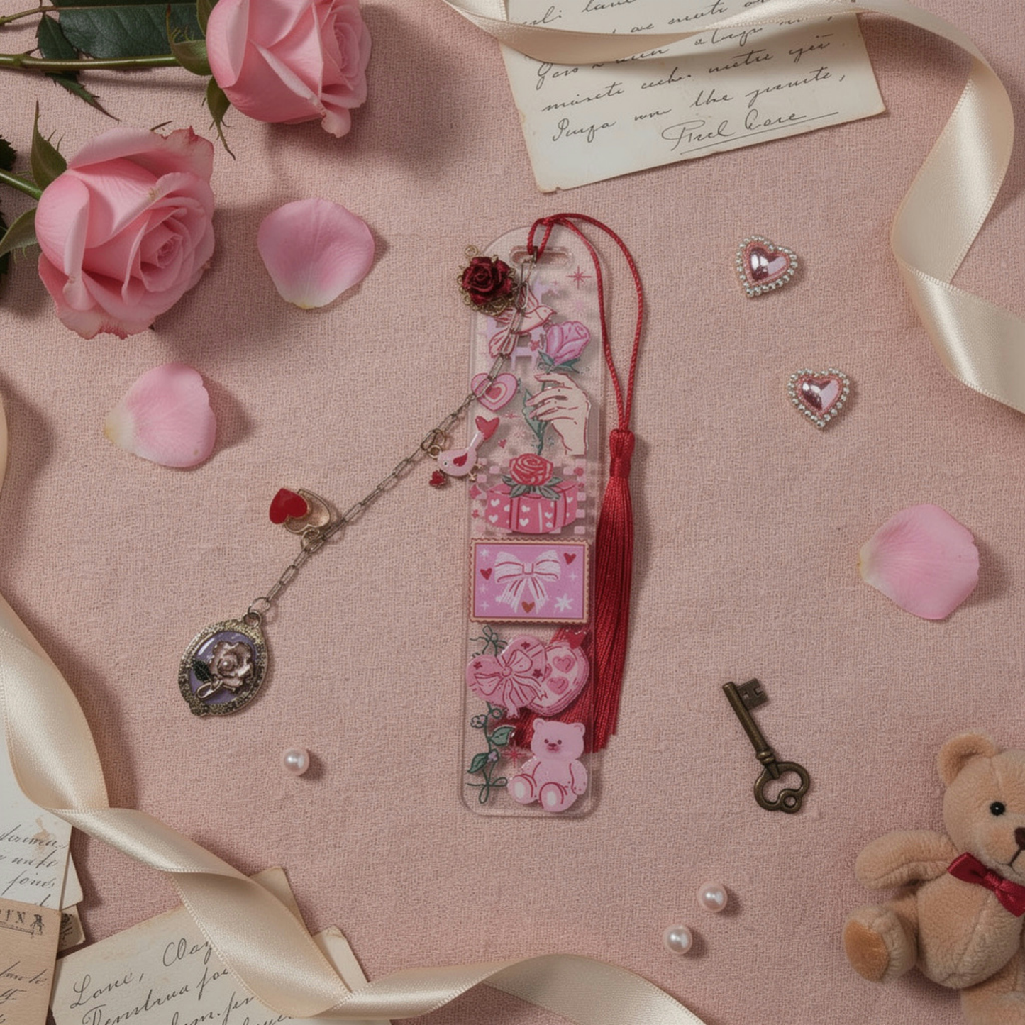 Romantic Bookmark. Valentine Bookmark with Charm. Love Letter Bookmark Love Themed Bookmark Romantic Bookmark for Readers Pink Love Bookmark