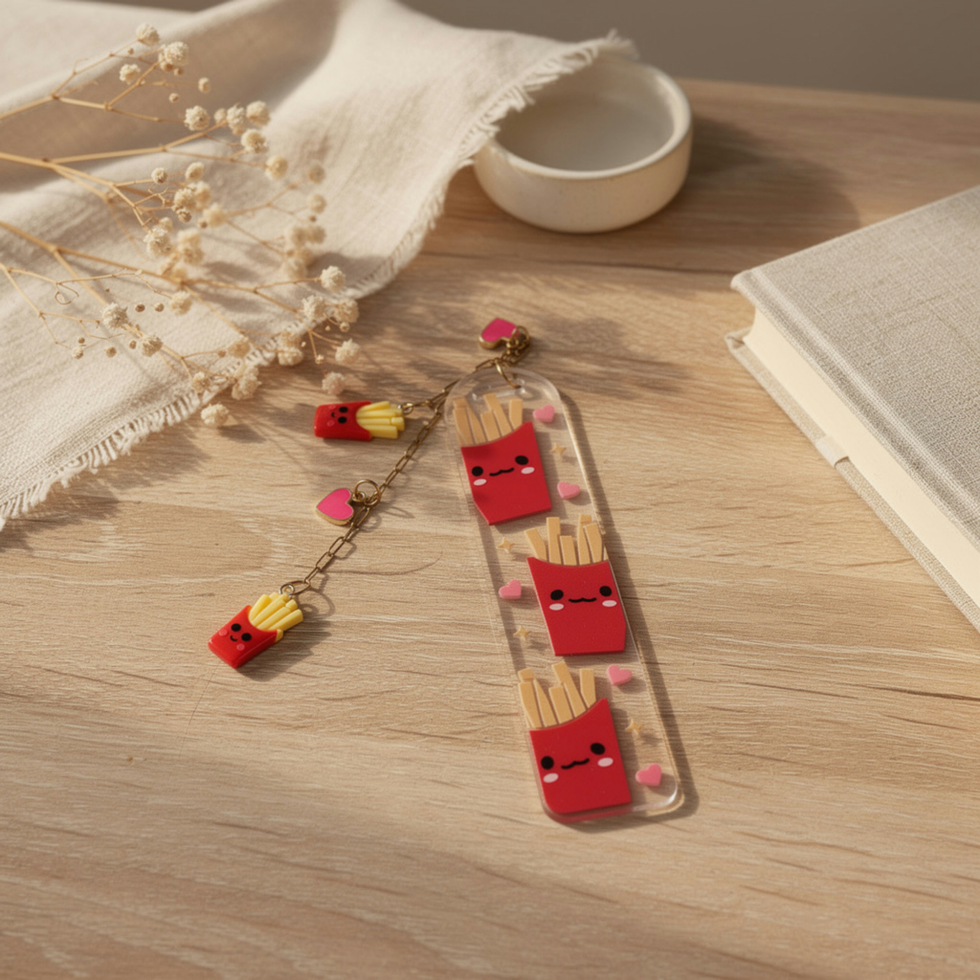 French Fries Bookmark. French Fries Book Lover Gift. Cute Fries Acrylic Bookmark with Charms