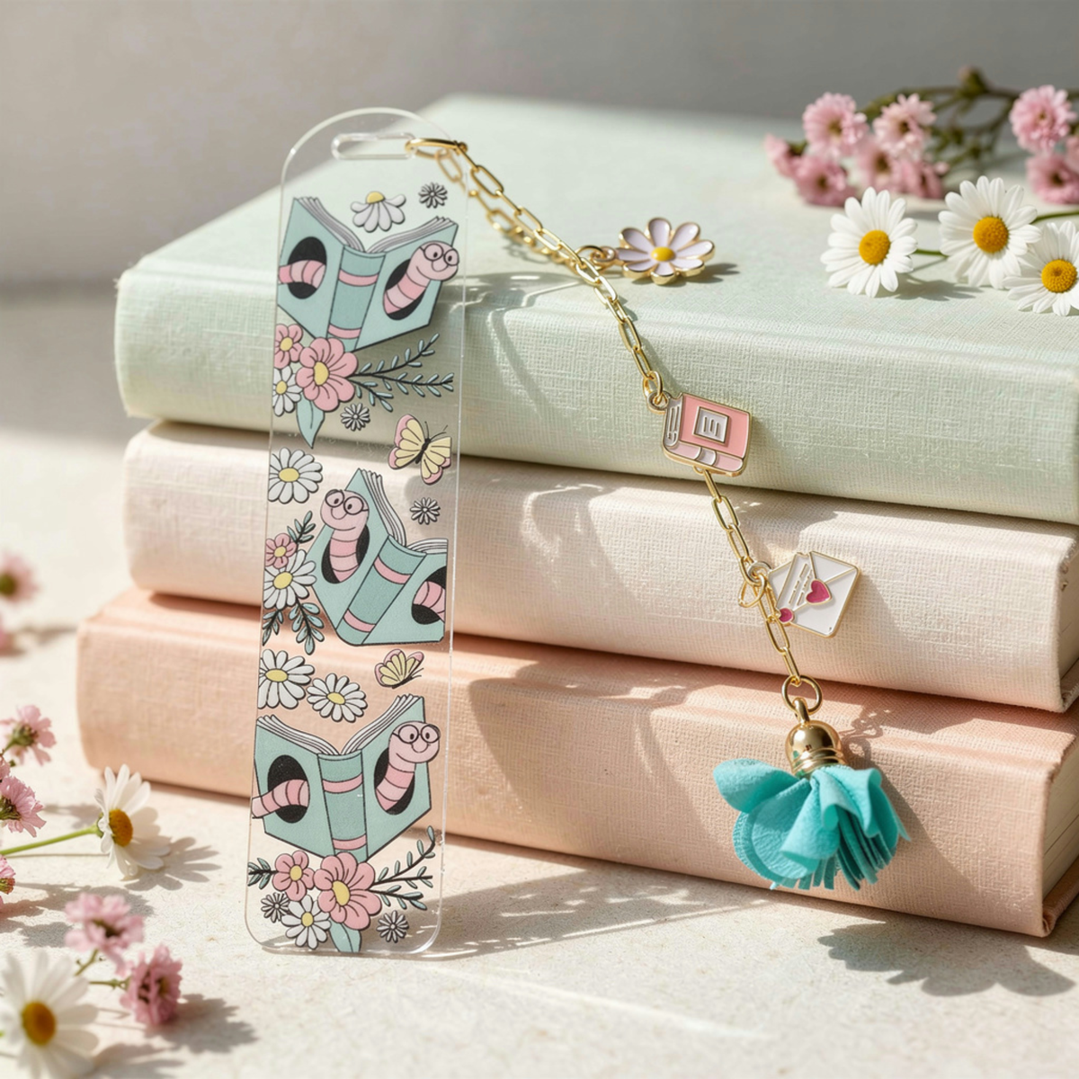 Bookworm Floral Bookmark with Charms