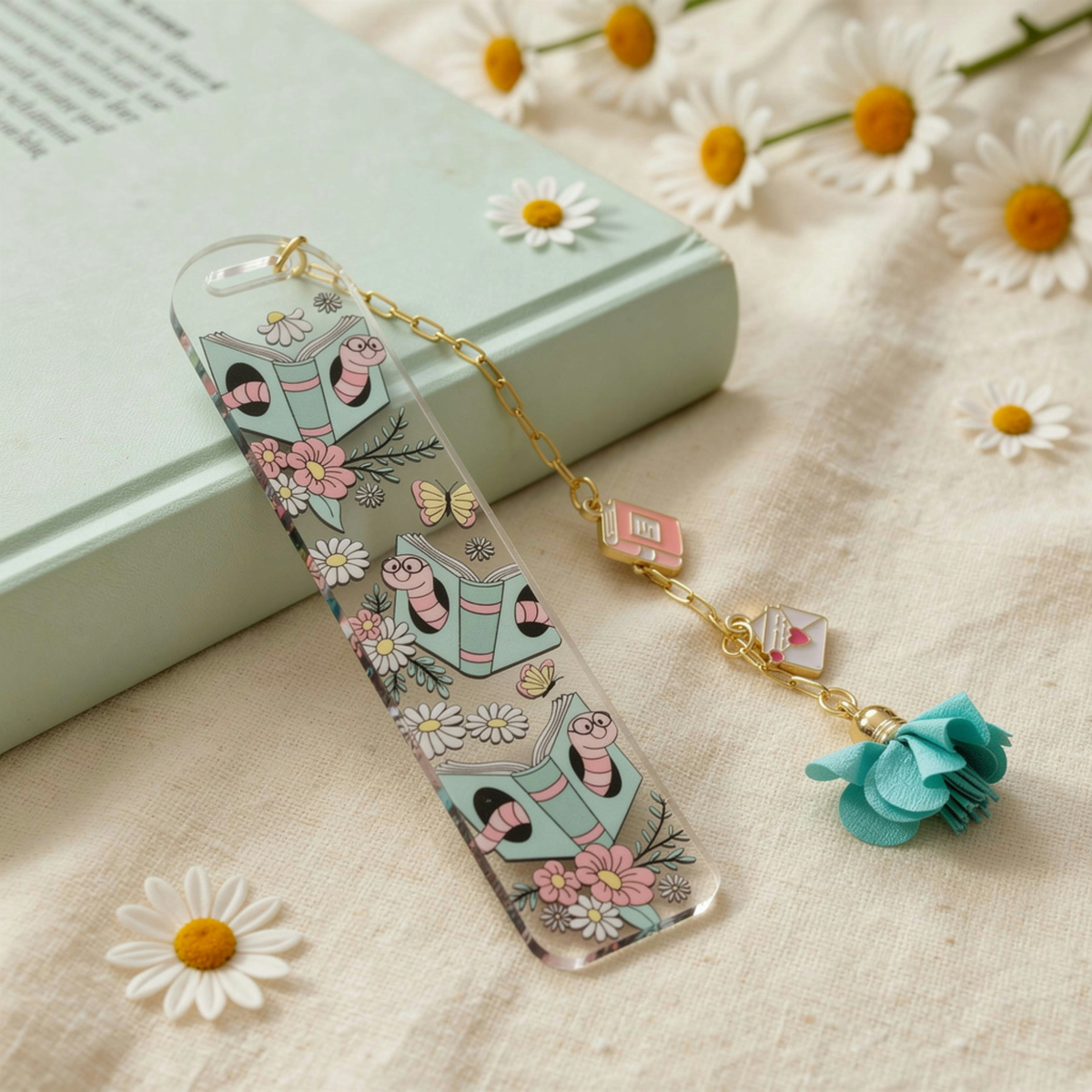 Bookworm Floral Bookmark with Charms