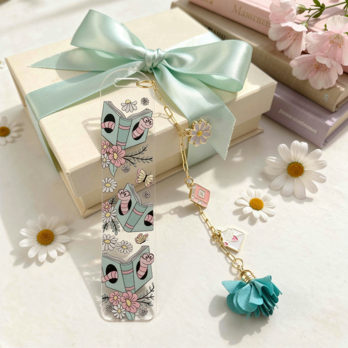 Bookworm Floral Bookmark with Charms