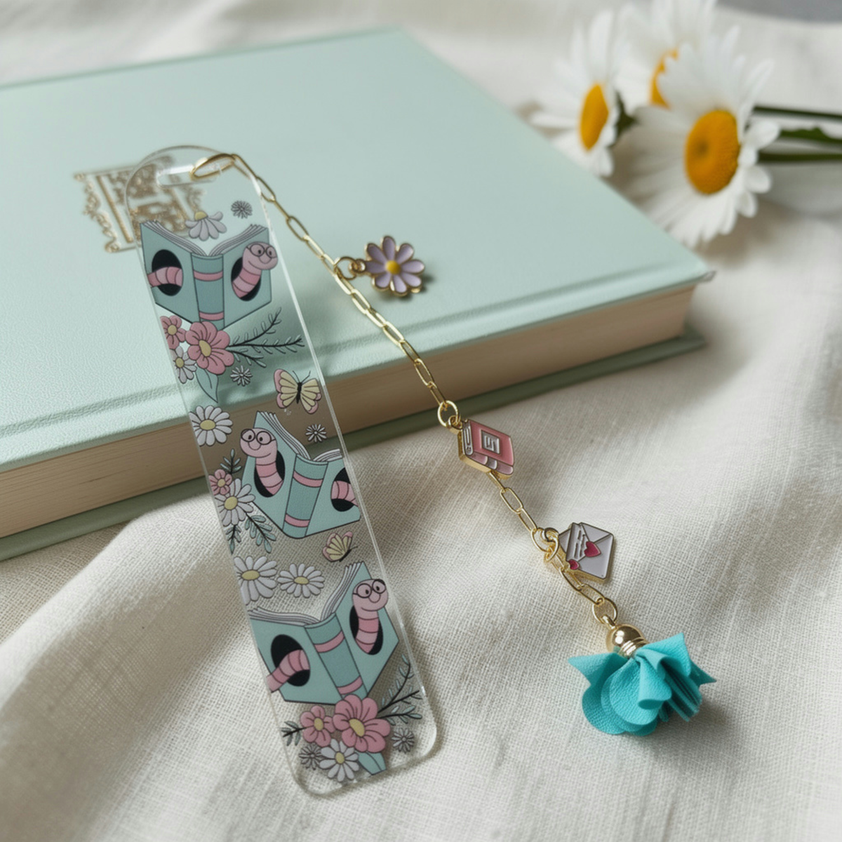 Bookworm Floral Bookmark with Charms