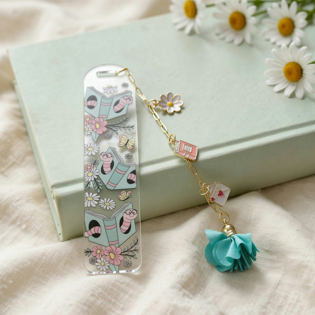 Bookworm Floral Bookmark with Charms