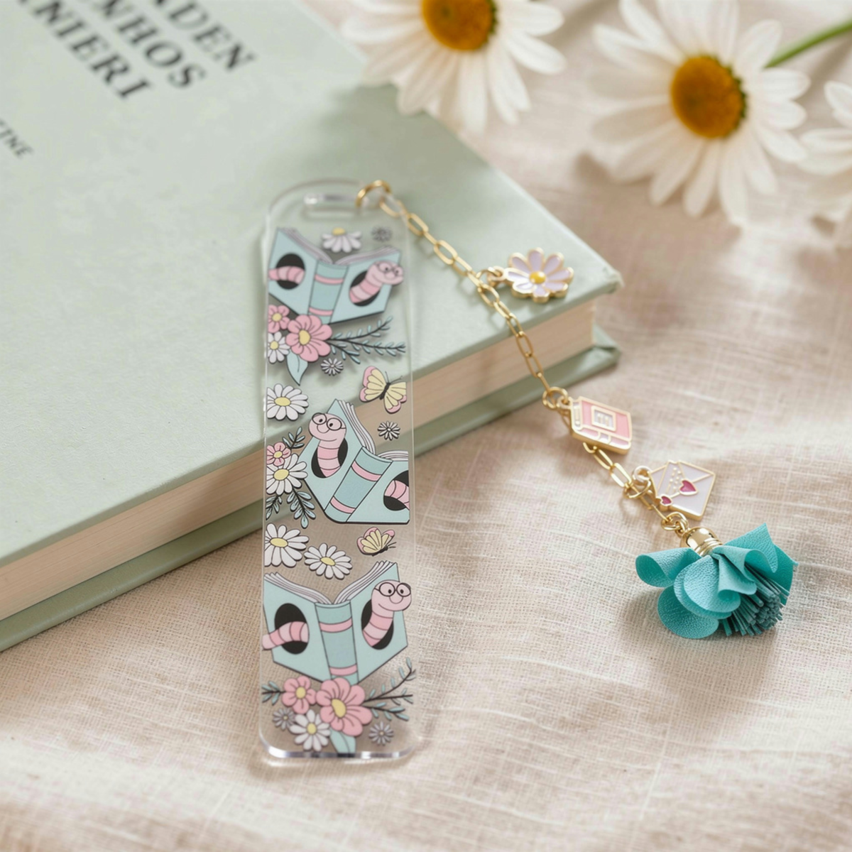 Bookworm Floral Bookmark with Charms