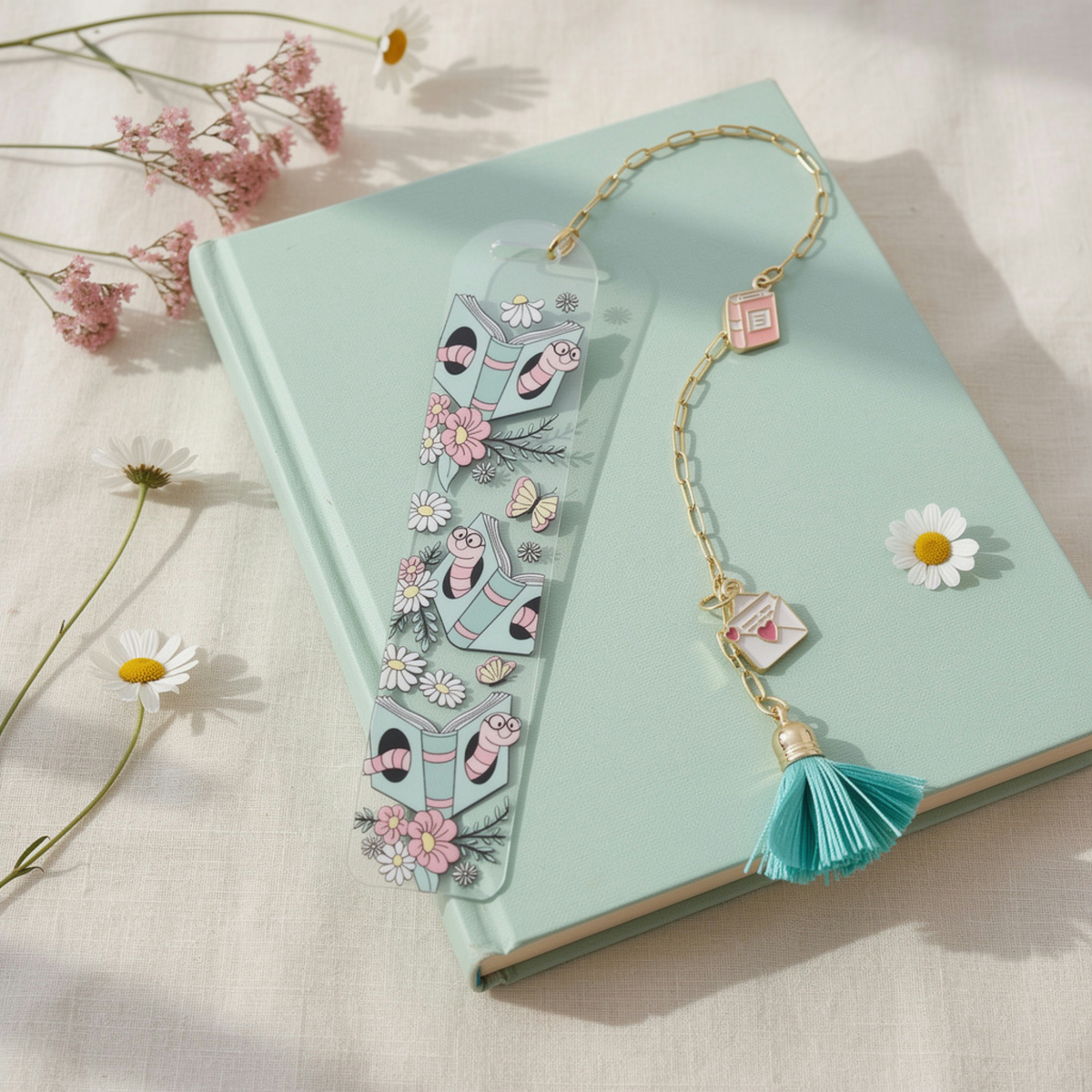 Bookworm Floral Bookmark with Charms