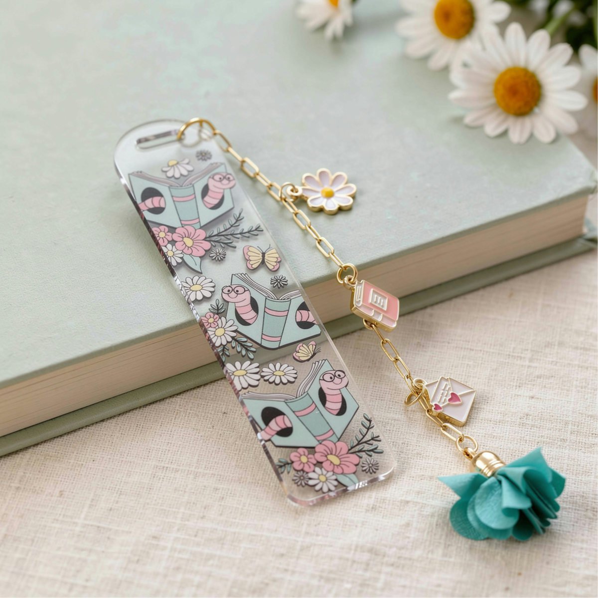 Bookworm Floral Bookmark with Charms