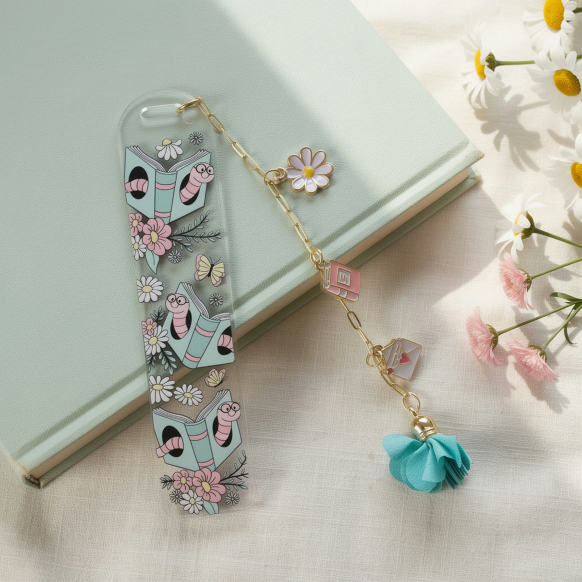 Bookworm Floral Bookmark with Charms