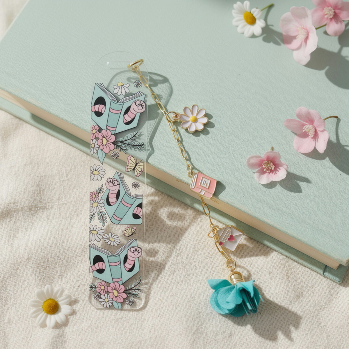 Bookworm Floral Bookmark with Charms