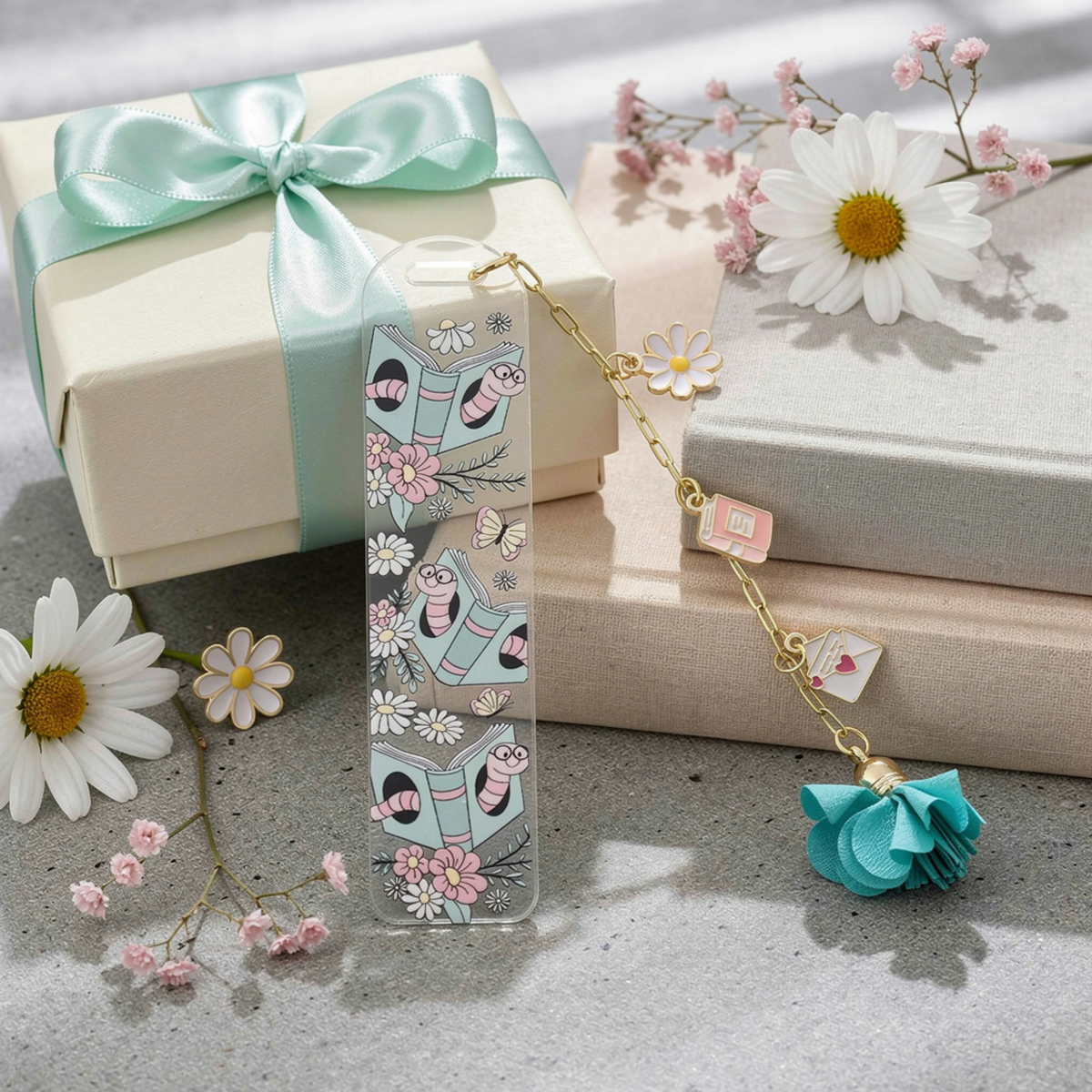 Bookworm Floral Bookmark with Charms