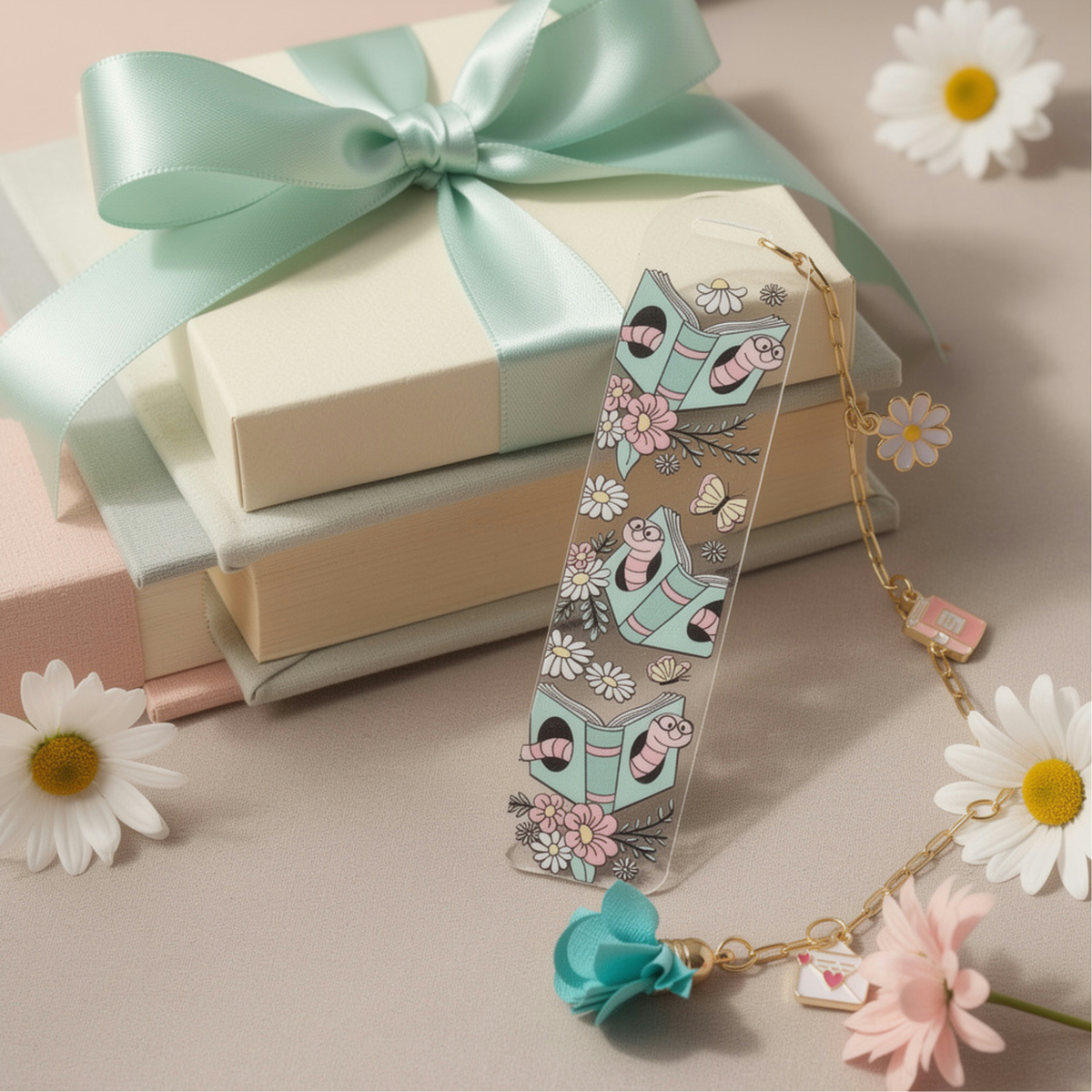 Bookworm Floral Bookmark with Charms