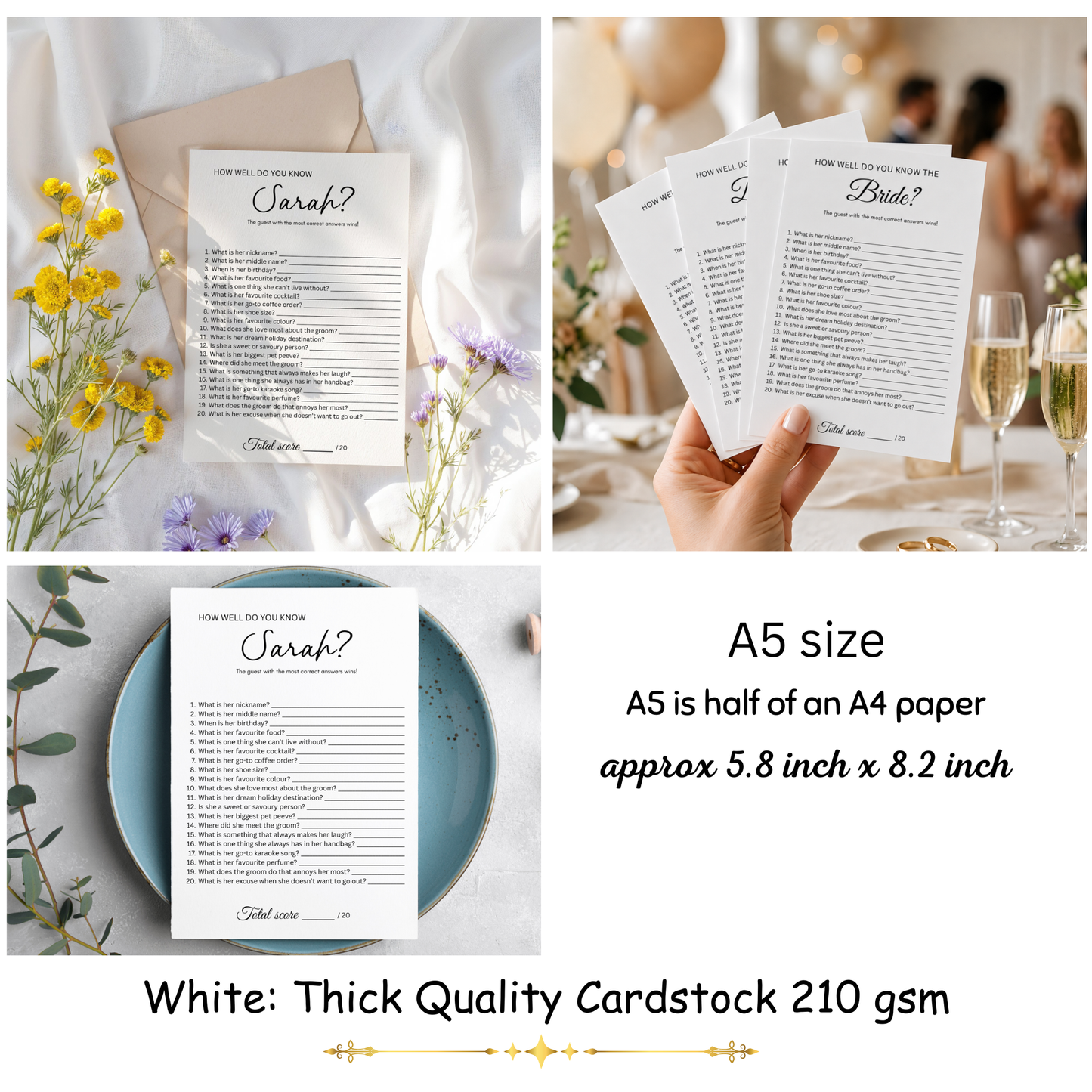 Card stock details for the Who Knows the Bride Best How Well Do You Know the Bride Game Personalised Bridal Shower Hens Party Game Bride to Be Quiz Wedding Shower Activity
