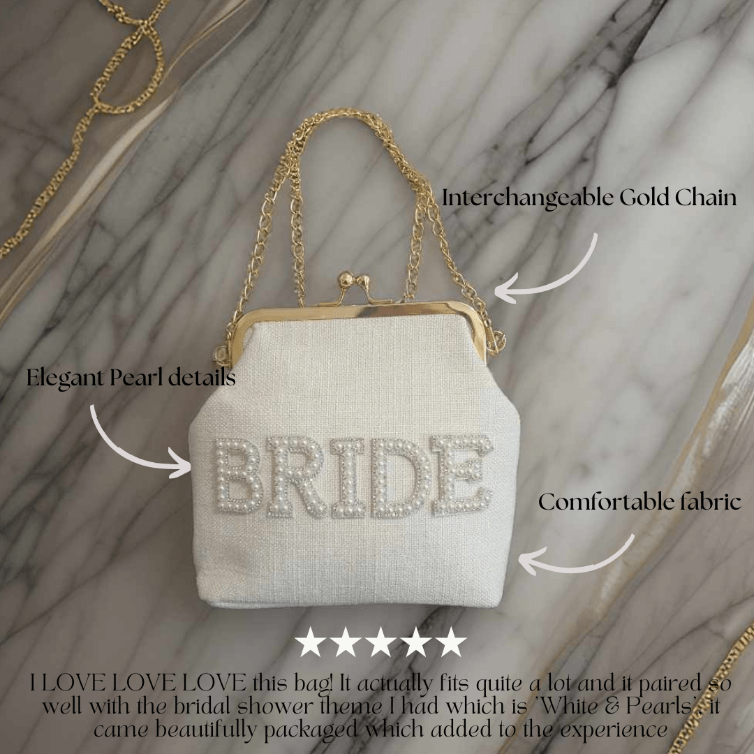 white bride bag with pearls