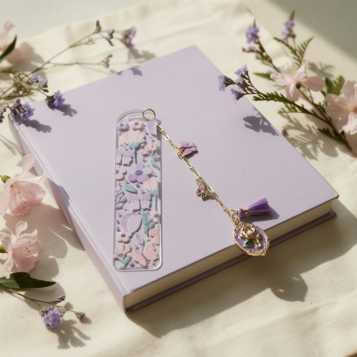 Floral Butterfly Bookmark with Charms . Purple Flower Acrylic Bookmark . Butterfly Lover Book Lover Gift