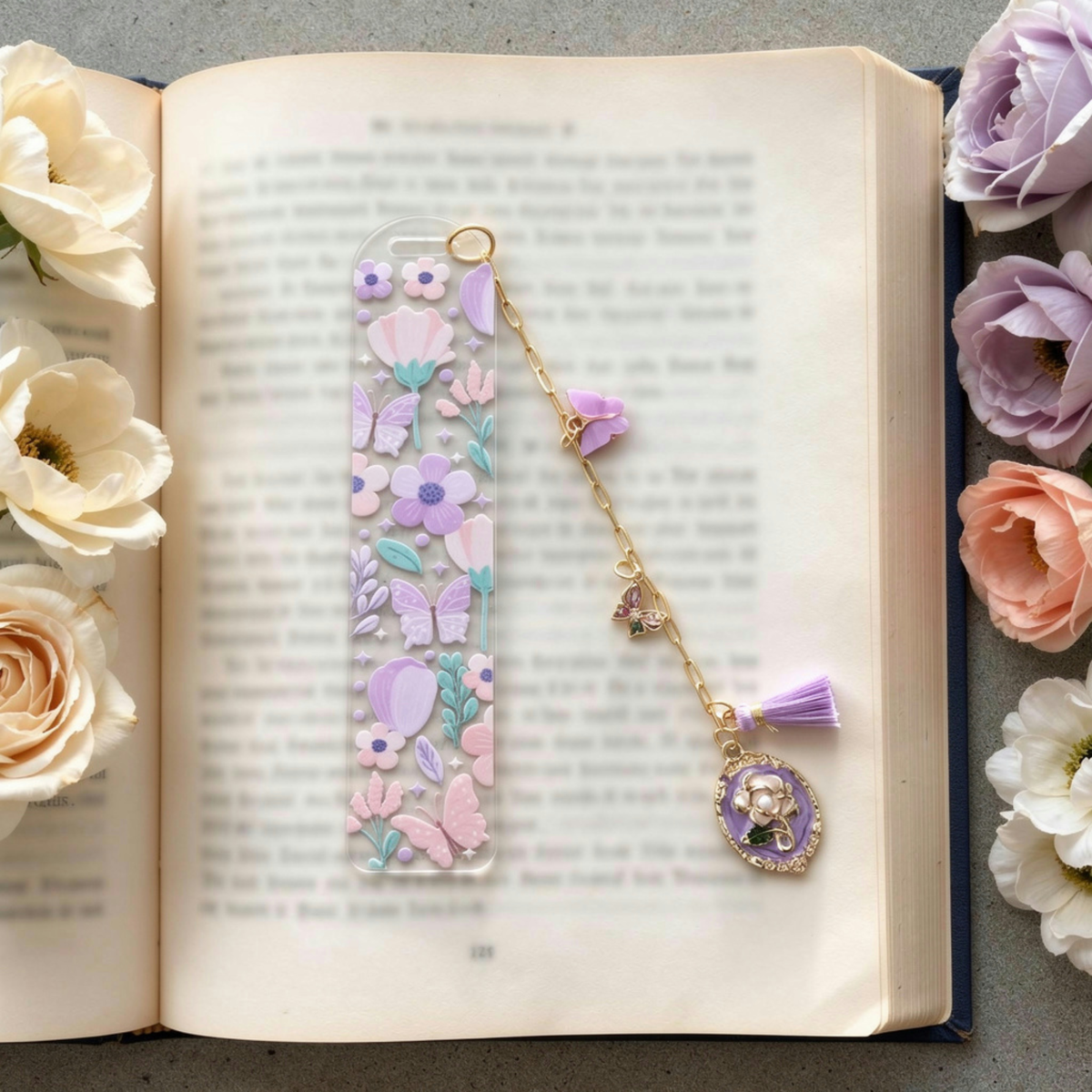 Floral Butterfly Bookmark with Charms . Purple Flower Acrylic Bookmark . Butterfly Lover Book Lover Gift