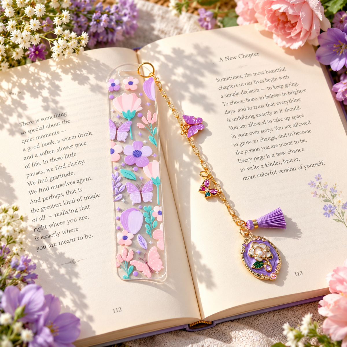 Floral Butterfly Bookmark with Charms . Purple Flower Acrylic Bookmark . Butterfly Lover Book Lover Gift