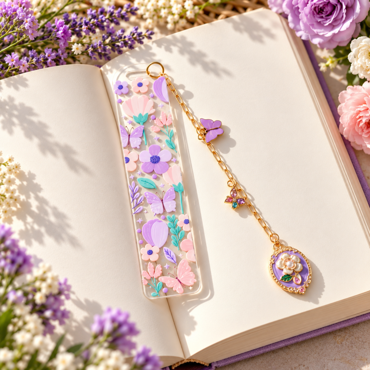 Floral Butterfly Bookmark with Charms . Purple Flower Acrylic Bookmark . Butterfly Lover Book Lover Gift