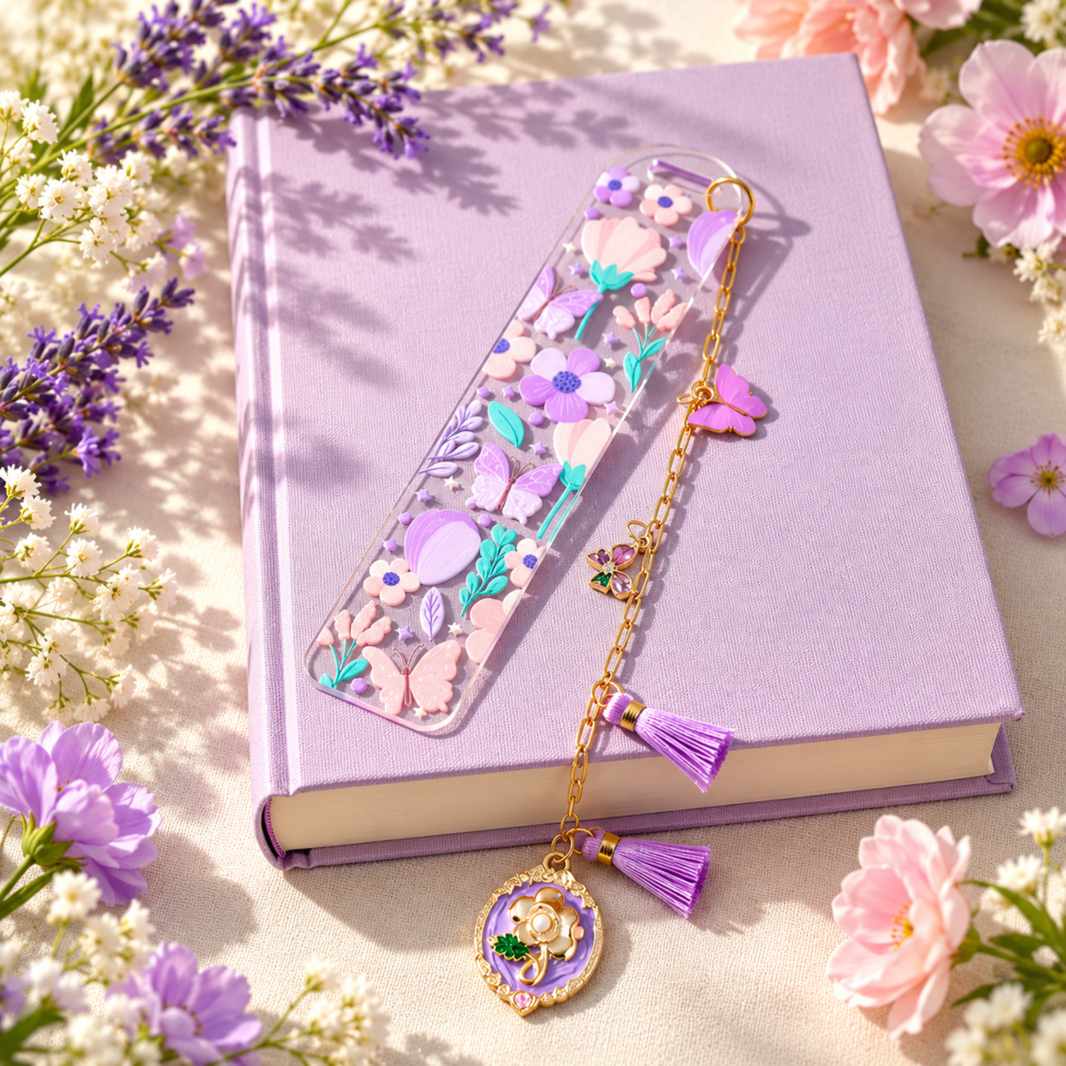 Floral Butterfly Bookmark with Charms . Purple Flower Acrylic Bookmark . Butterfly Lover Book Lover Gift