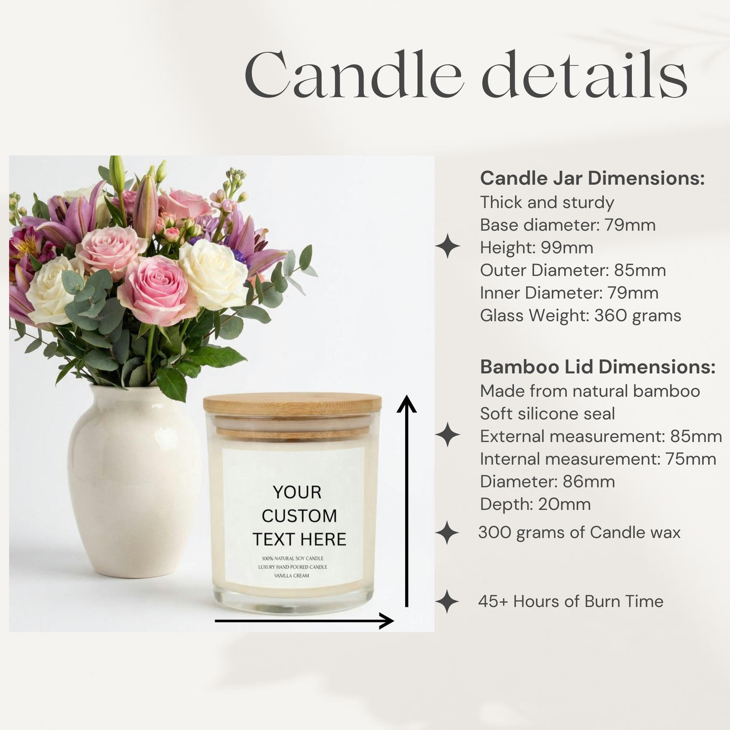 Candle details for Personalised Candle. Soy Wax Candle. Custom Glass Jar Candle. Custom Text Soy Glass Jar Candle