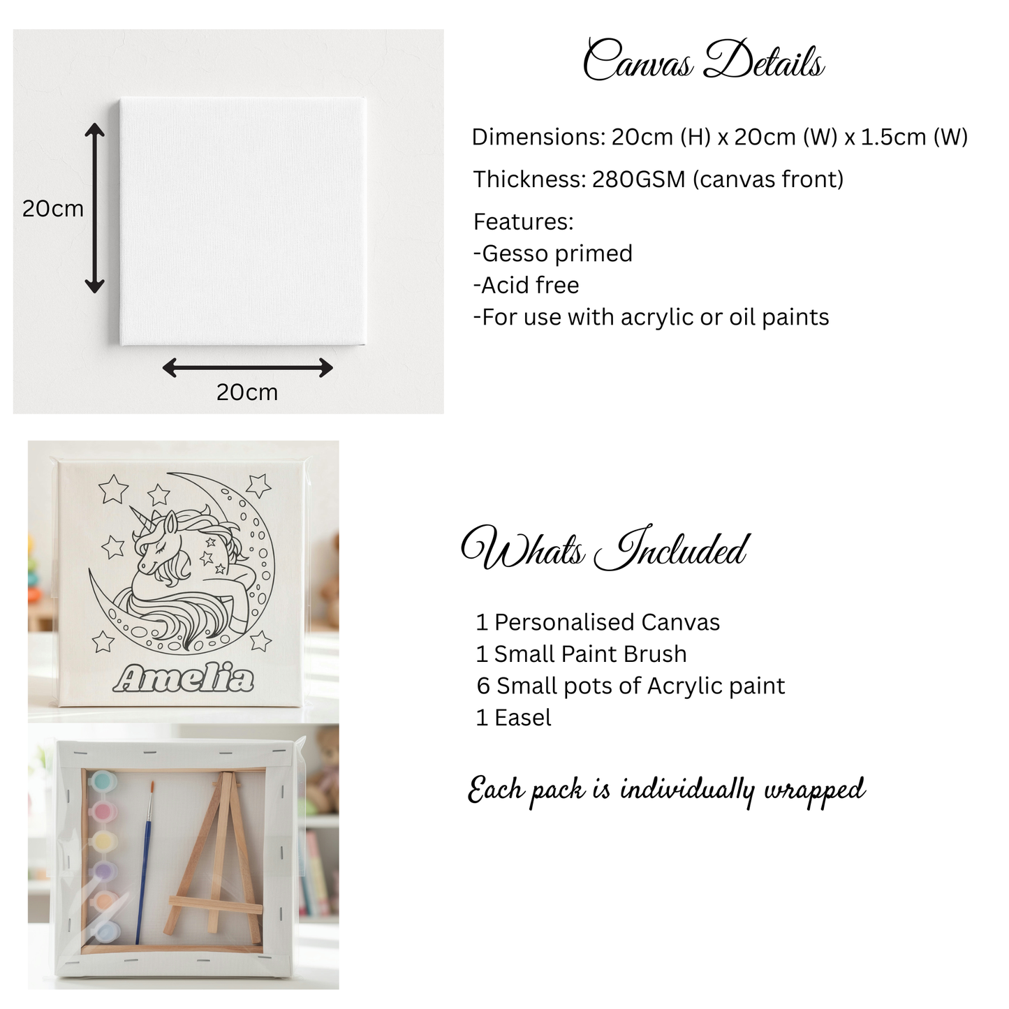 Canvas details for the Paint your own canvas kit for kids. Kids canvas painting set. Personalised kids paint kit.  kids painting party favours