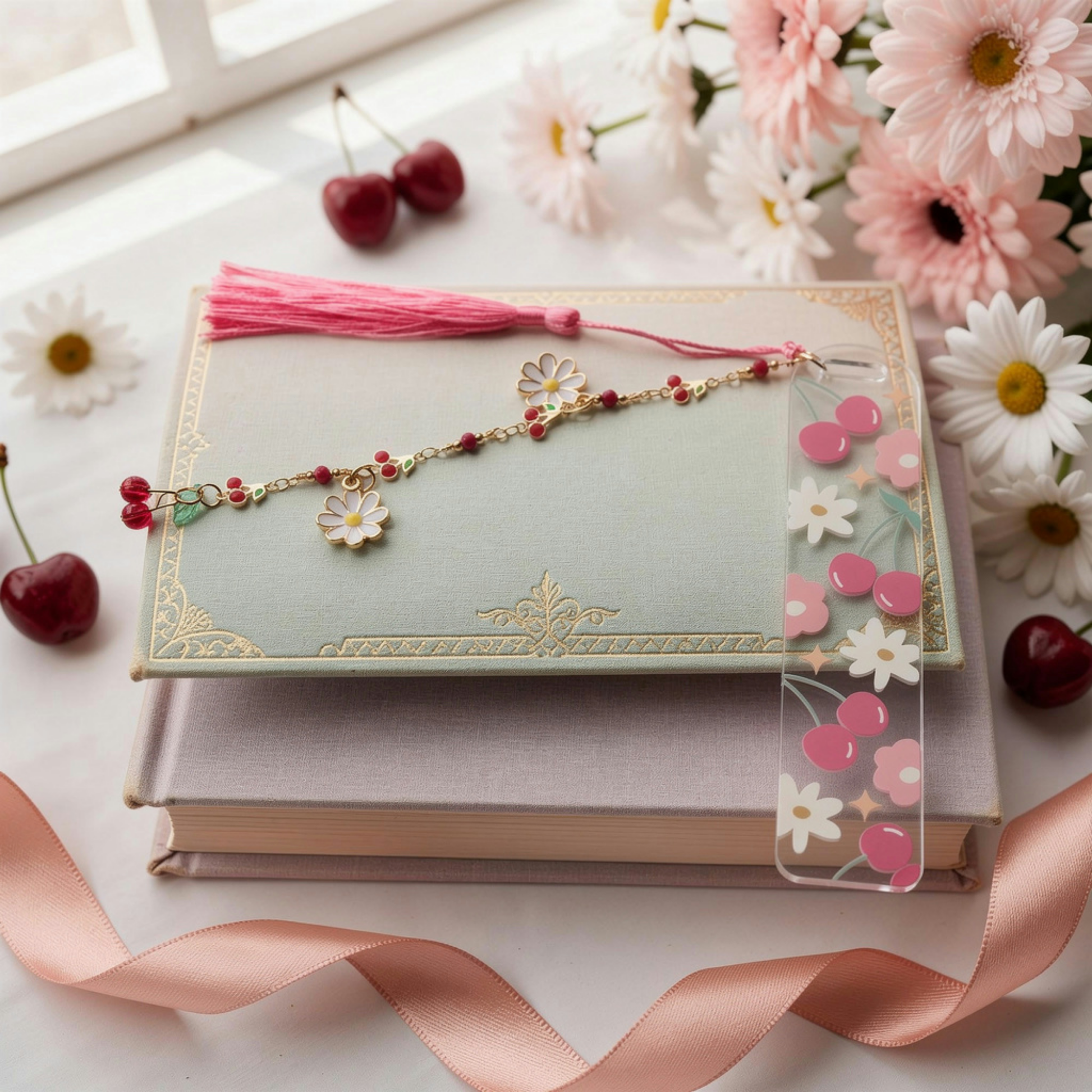Cherry Bookmark. Cherry Book Lover Gift. Cherry Lover Acrylic Bookmark. Cherries Bookmark with Charms. Cherry Blossom Bookmark