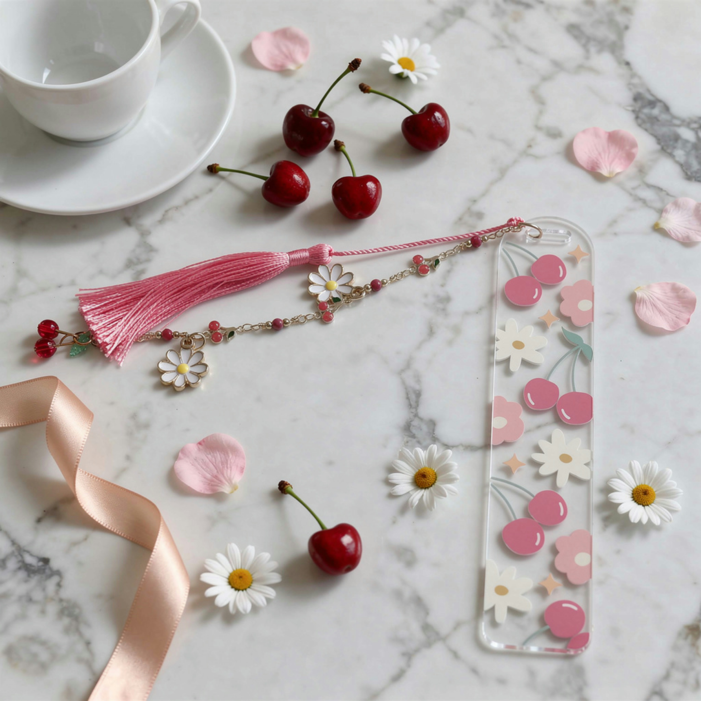 Cherry Bookmark. Cherry Book Lover Gift. Cherry Lover Acrylic Bookmark. Cherries Bookmark with Charms. Cherry Blossom Bookmark