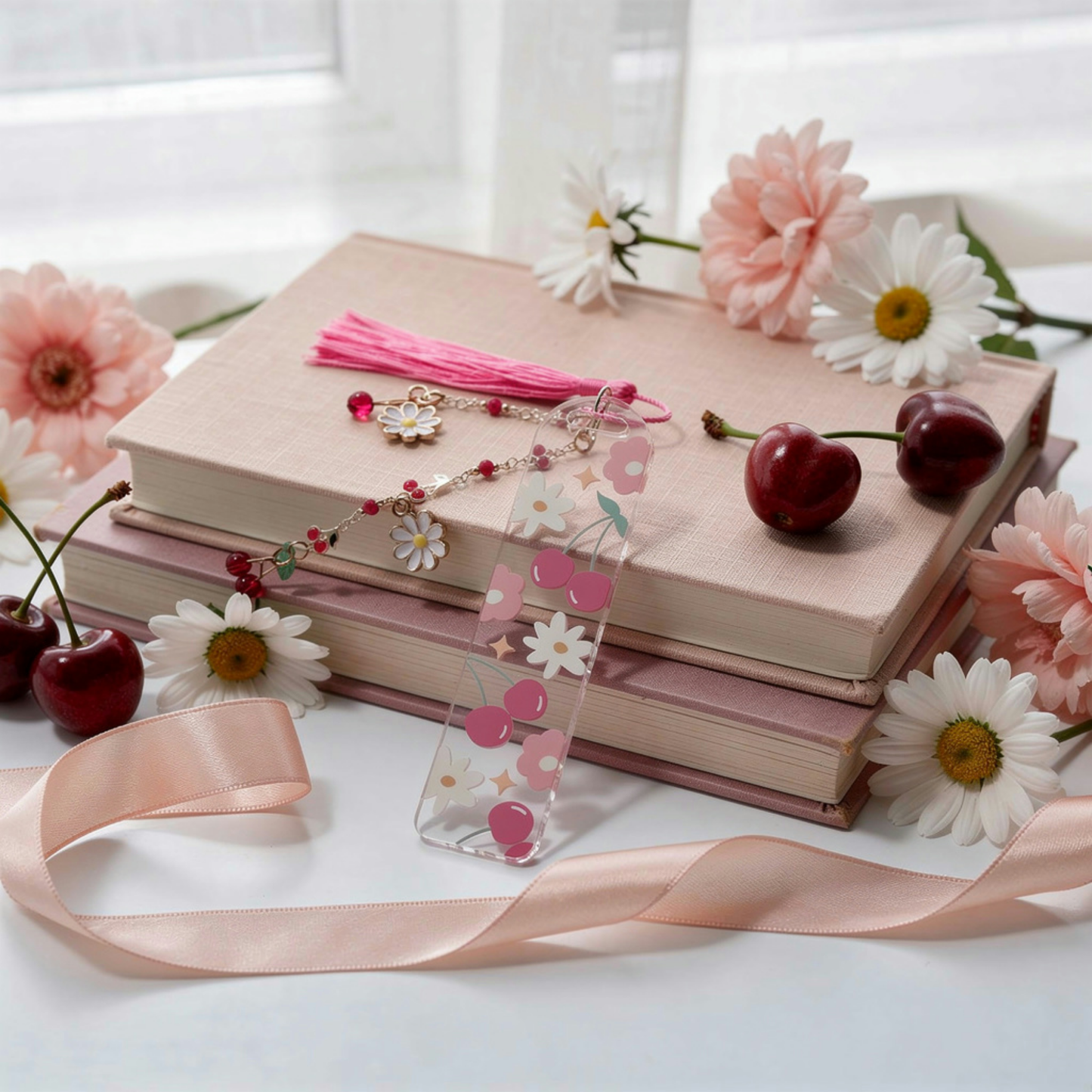 Cherry Bookmark. Cherry Book Lover Gift. Cherry Lover Acrylic Bookmark. Cherries Bookmark with Charms. Cherry Blossom Bookmark