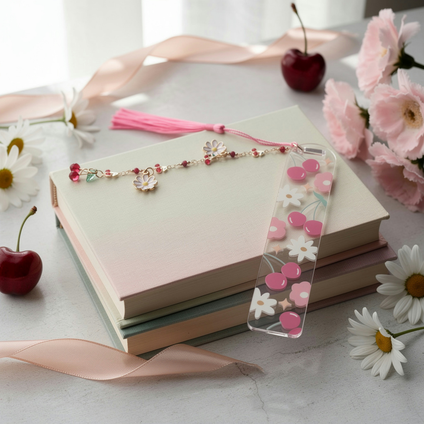 Cherry Bookmark. Cherry Book Lover Gift. Cherry Lover Acrylic Bookmark. Cherries Bookmark with Charms. Cherry Blossom Bookmark