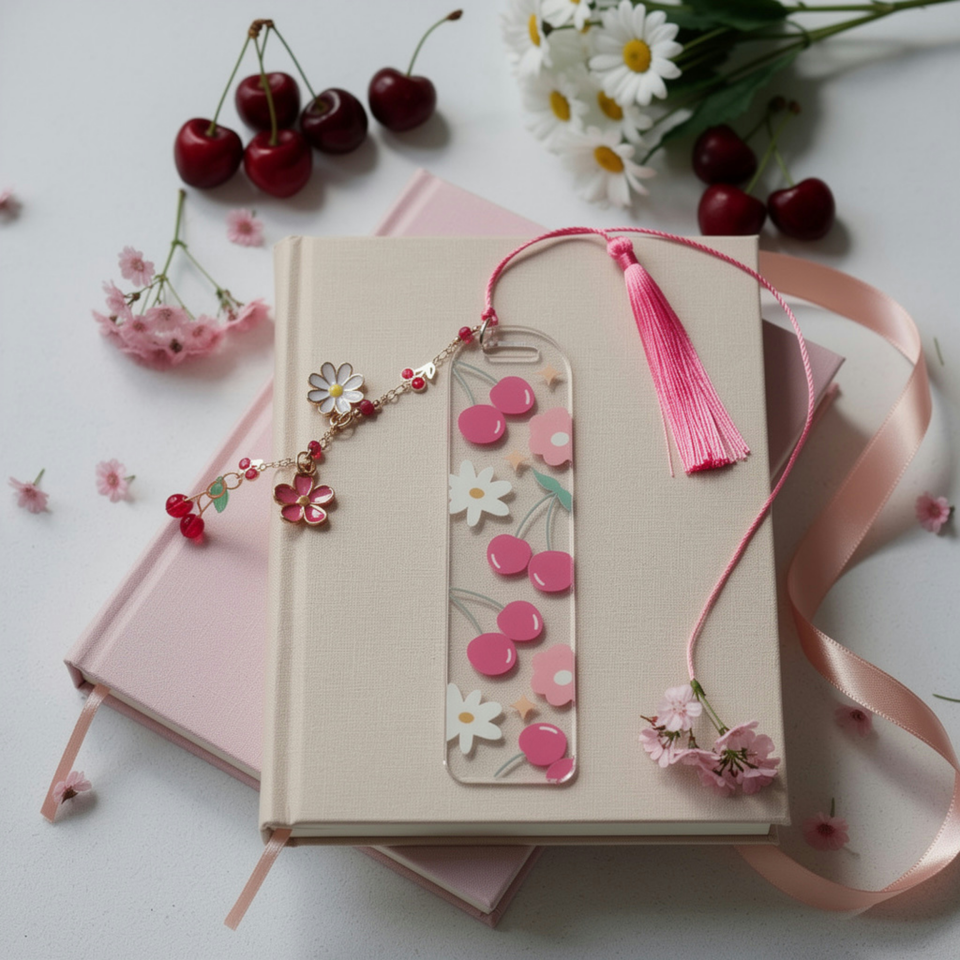 Cherry Bookmark. Cherry Book Lover Gift. Cherry Lover Acrylic Bookmark. Cherries Bookmark with Charms. Cherry Blossom Bookmark