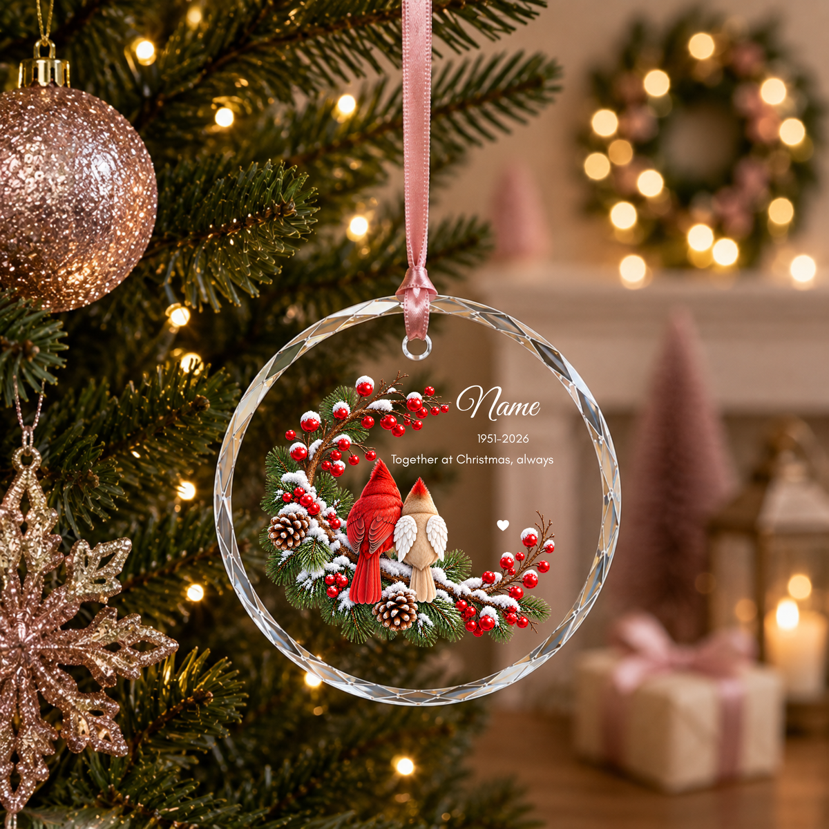 Personalised memorial Christmas ornament Design A hanging on tree pink ribbon