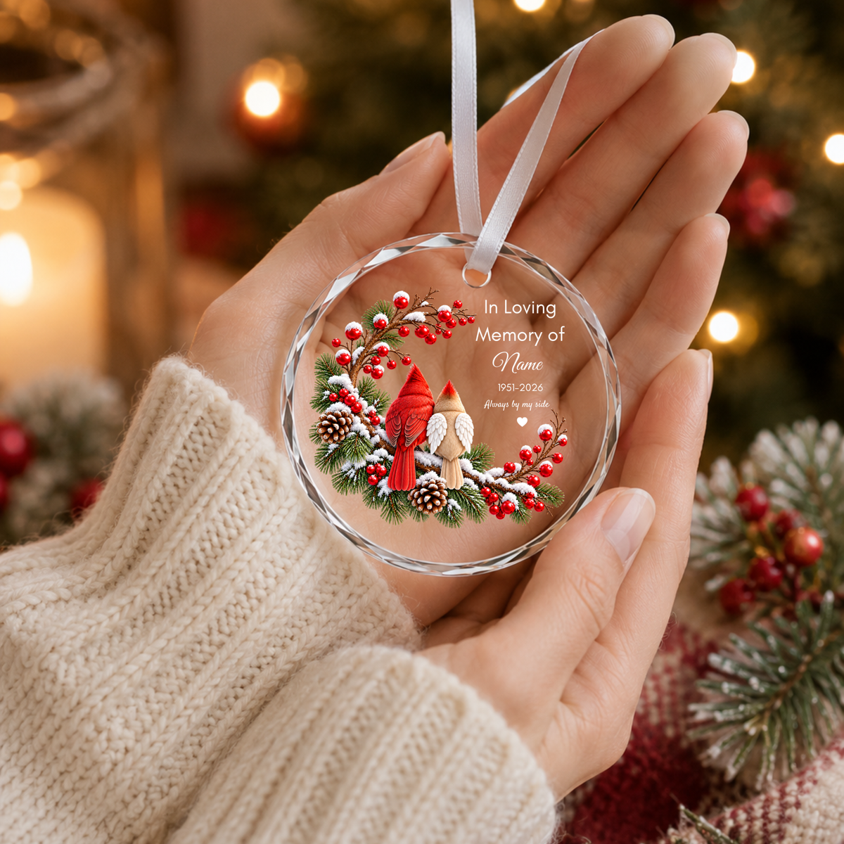 Personalised memorial Christmas ornament Design C held in hands remembrance gift