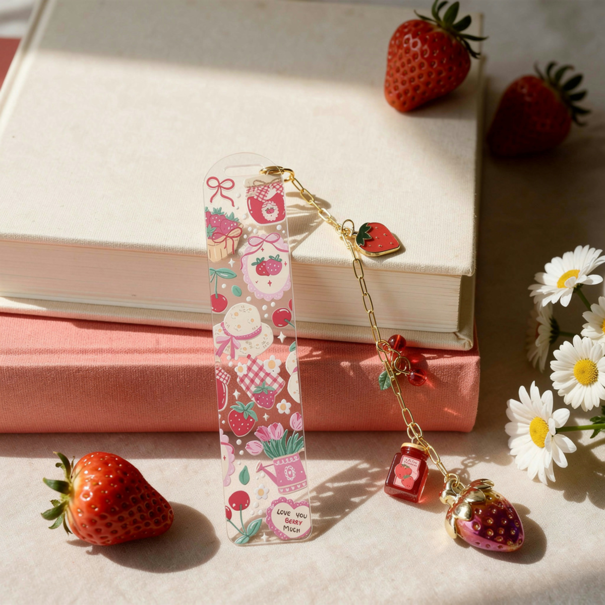 Strawberry Bookmark, Personalised Strawberry Bookmark with Charms, Cute Acrylic Bookmark, Kawaii Fruit Bookmark, Book Lover Gift, Coquette Gift
