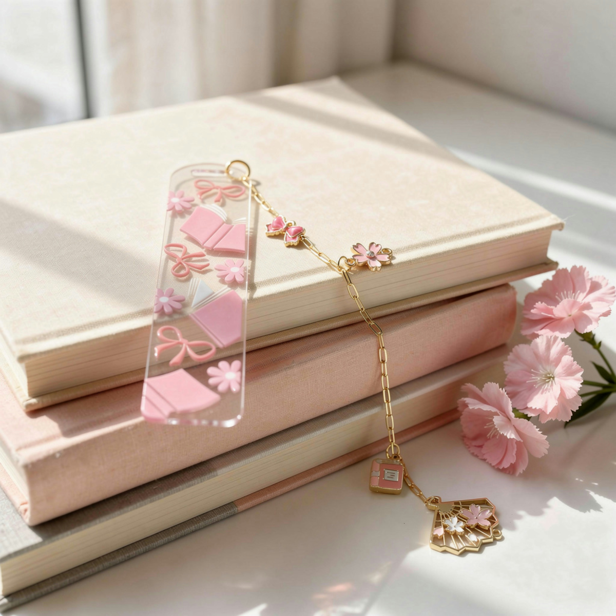 Pink Bookmarks with Charms, Cute Acrylic Bookmark, Coquette Bow Bookmark, Cherry Blossom Floral Bookmark, Book Lover Gift, Aesthetic Reading Gift