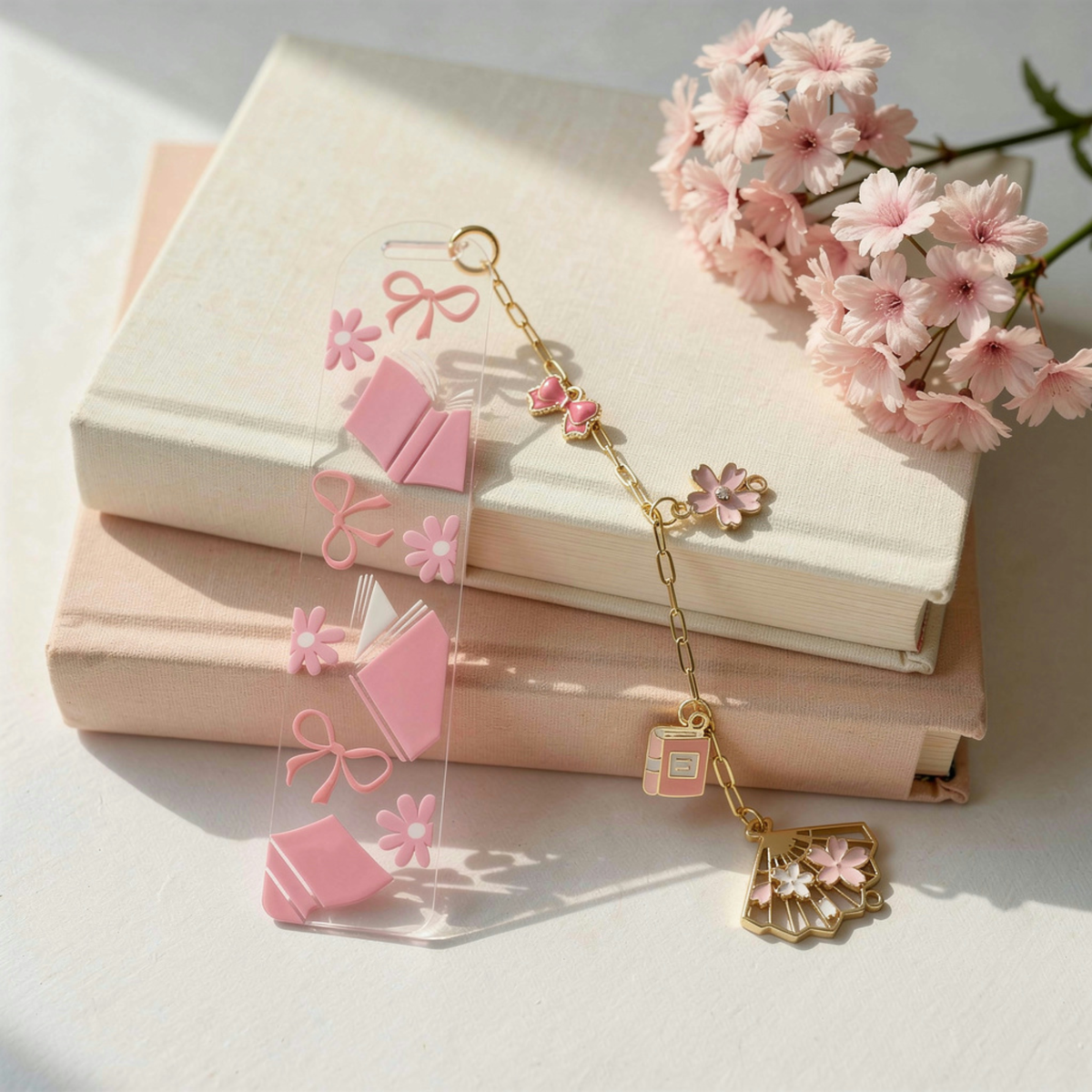 Pink Bookmarks with Charms, Cute Acrylic Bookmark, Coquette Bow Bookmark, Cherry Blossom Floral Bookmark, Book Lover Gift, Aesthetic Reading Gift