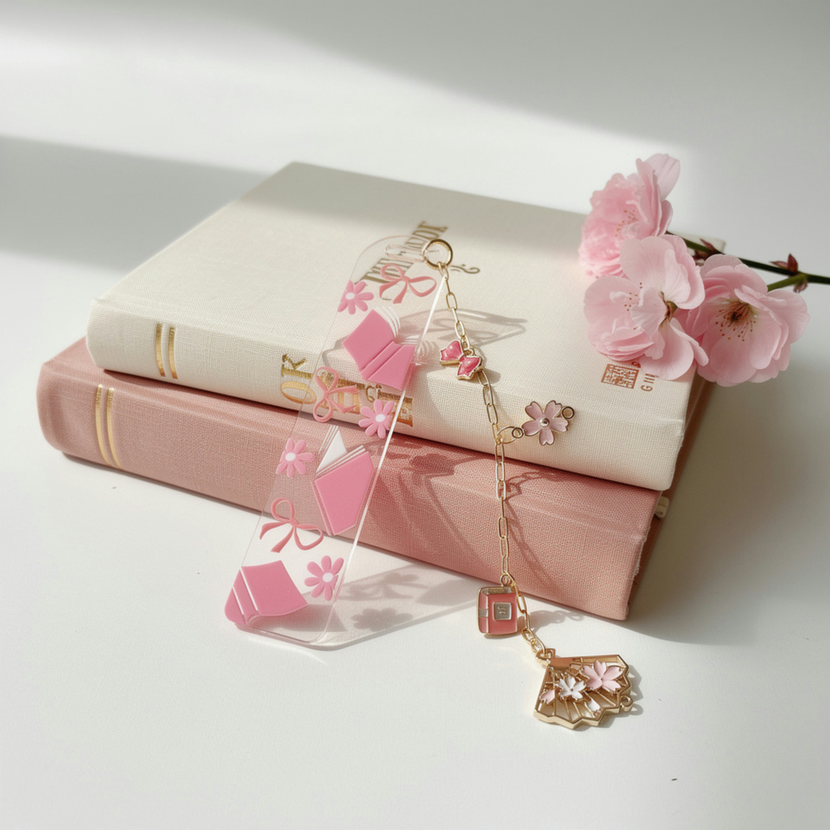 Pink Bookmarks with Charms, Cute Acrylic Bookmark, Coquette Bow Bookmark, Cherry Blossom Floral Bookmark, Book Lover Gift, Aesthetic Reading Gift