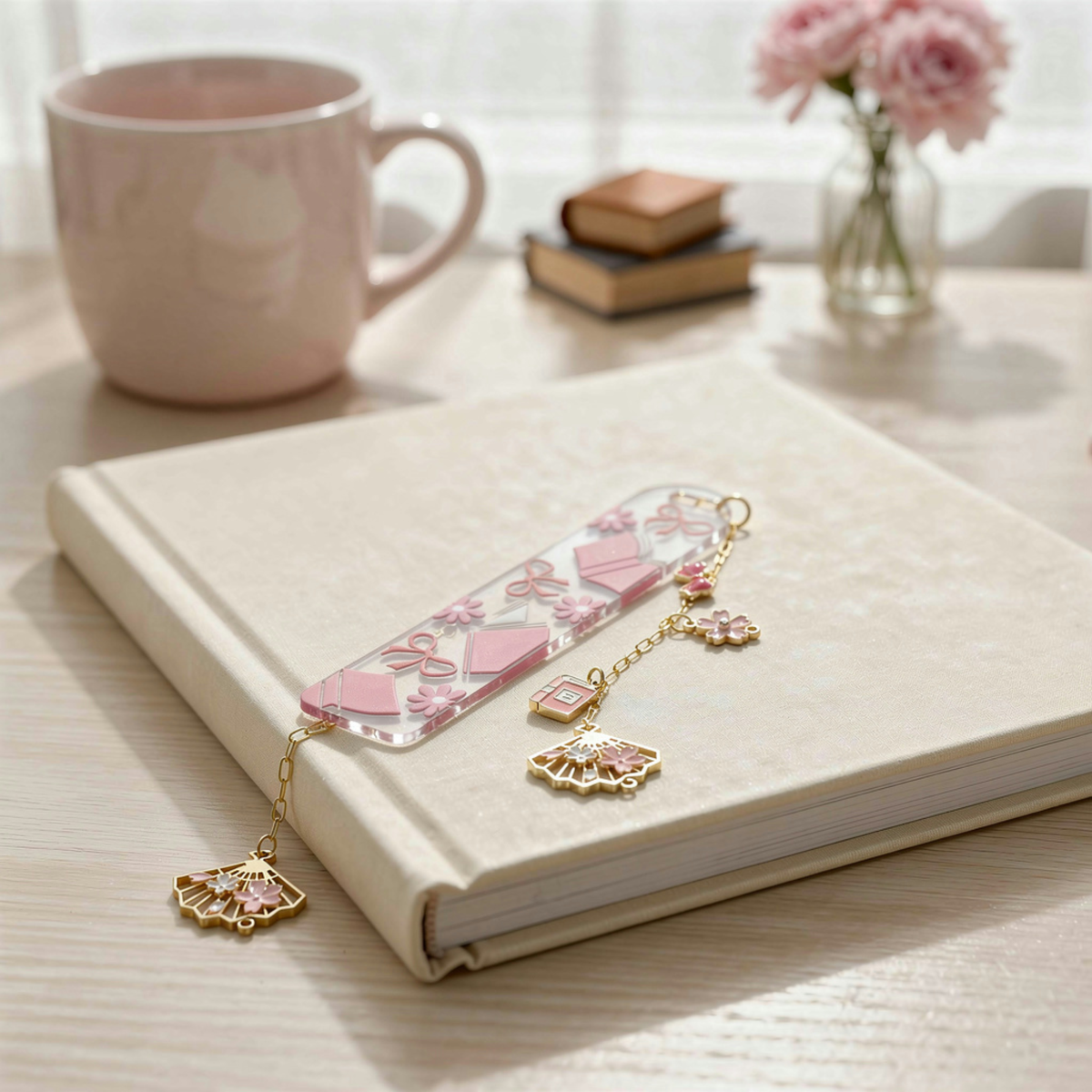 Pink Bookmarks with Charms, Cute Acrylic Bookmark, Coquette Bow Bookmark, Cherry Blossom Floral Bookmark, Book Lover Gift, Aesthetic Reading Gift