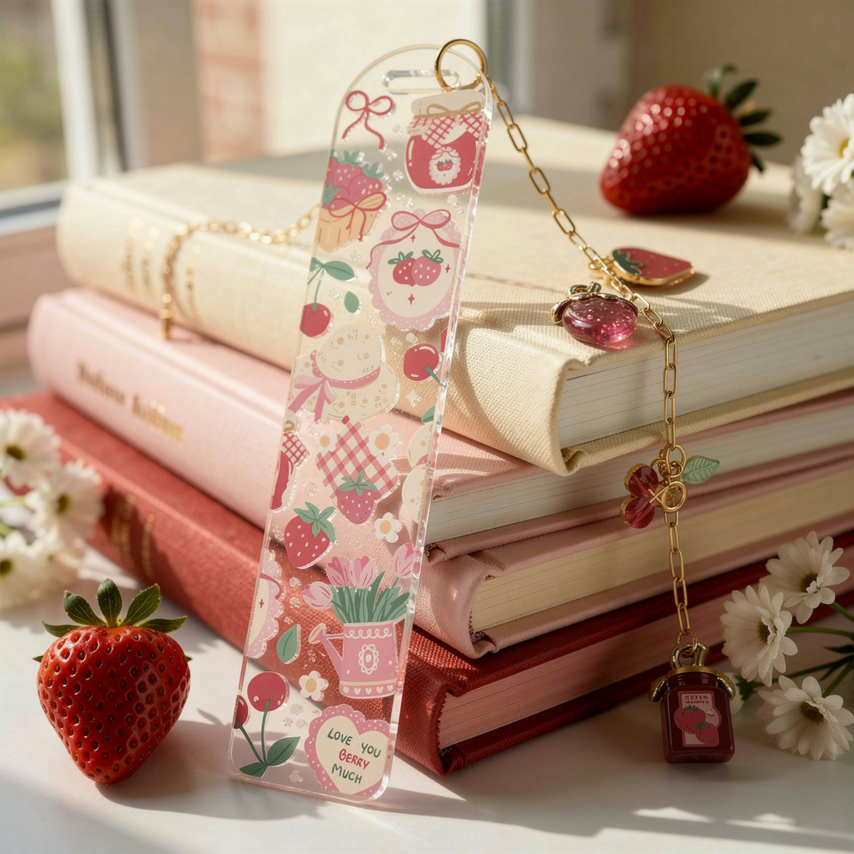 Strawberry Bookmark, Personalised Strawberry Bookmark with Charms, Cute Acrylic Bookmark, Kawaii Fruit Bookmark, Book Lover Gift, Coquette Gift