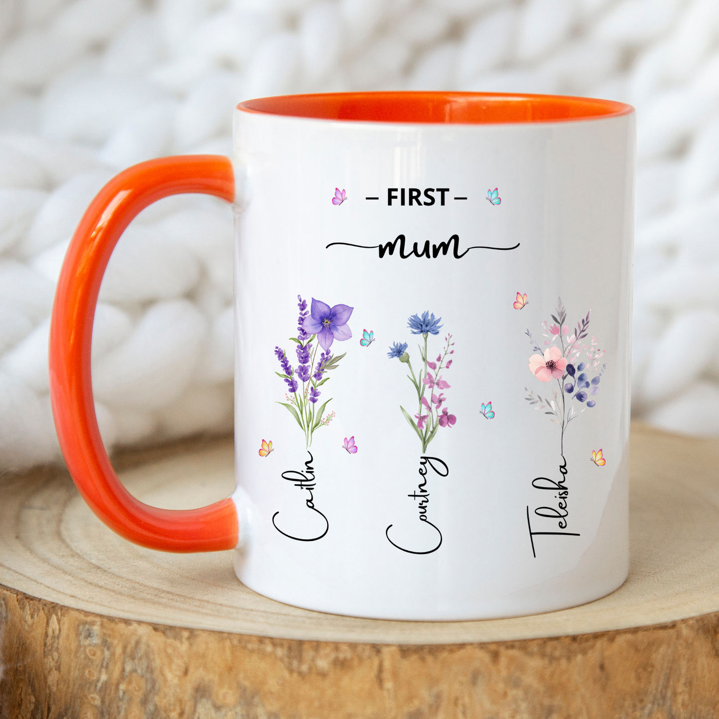 First Mum Now Grandma Mug with kids and grandkids names and floral design, custom grandma coffee mug
