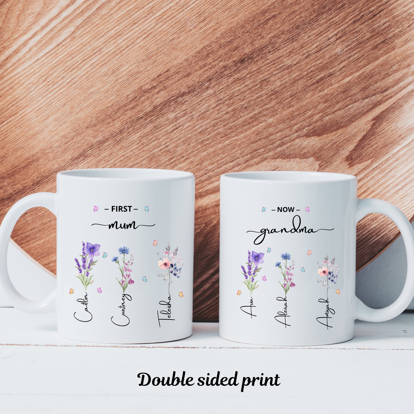 First Mum Now Grandma Mug with kids and grandkids names and floral design, custom grandma coffee mug