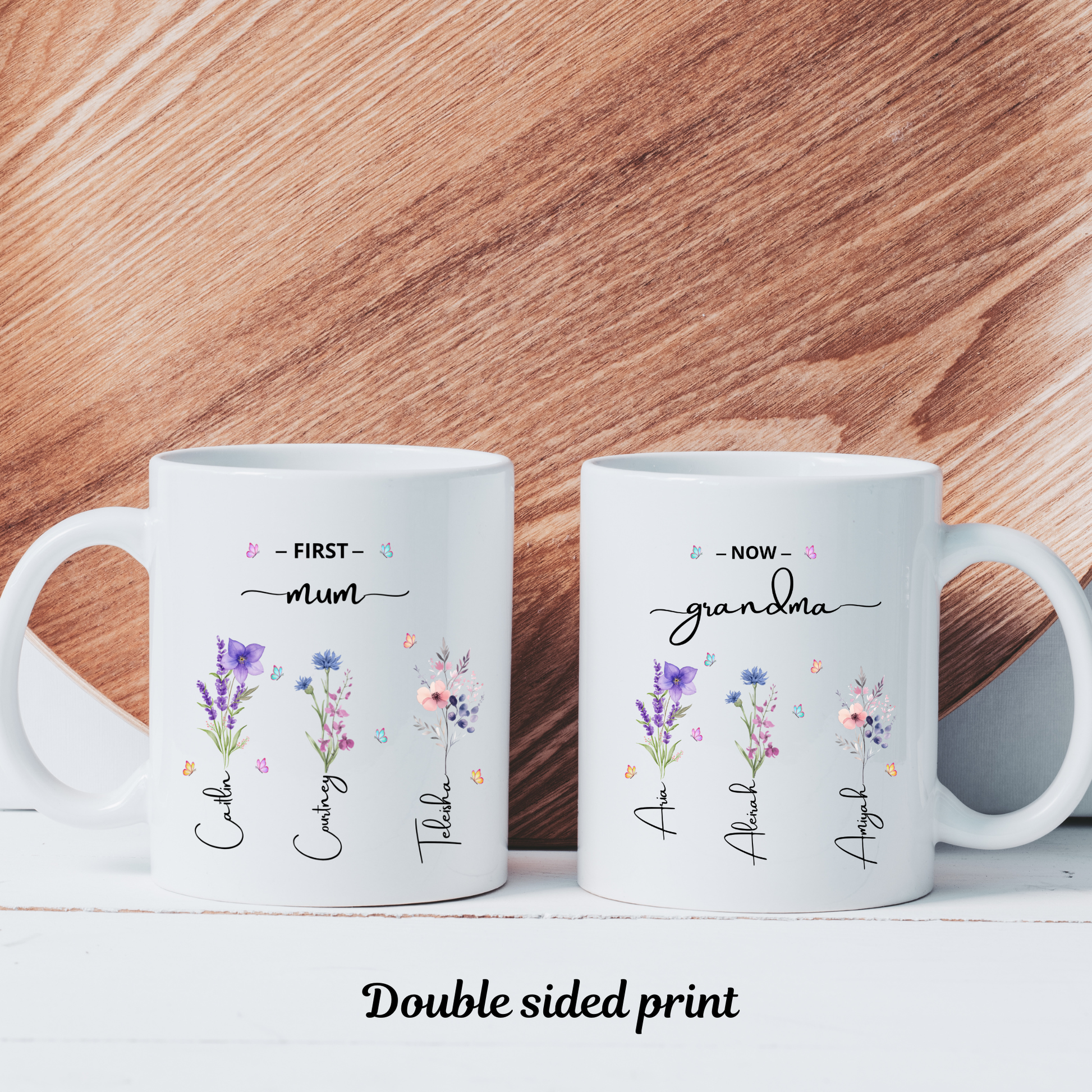 First Mum Now Grandma Mug with kids and grandkids names and floral design, custom grandma coffee mug