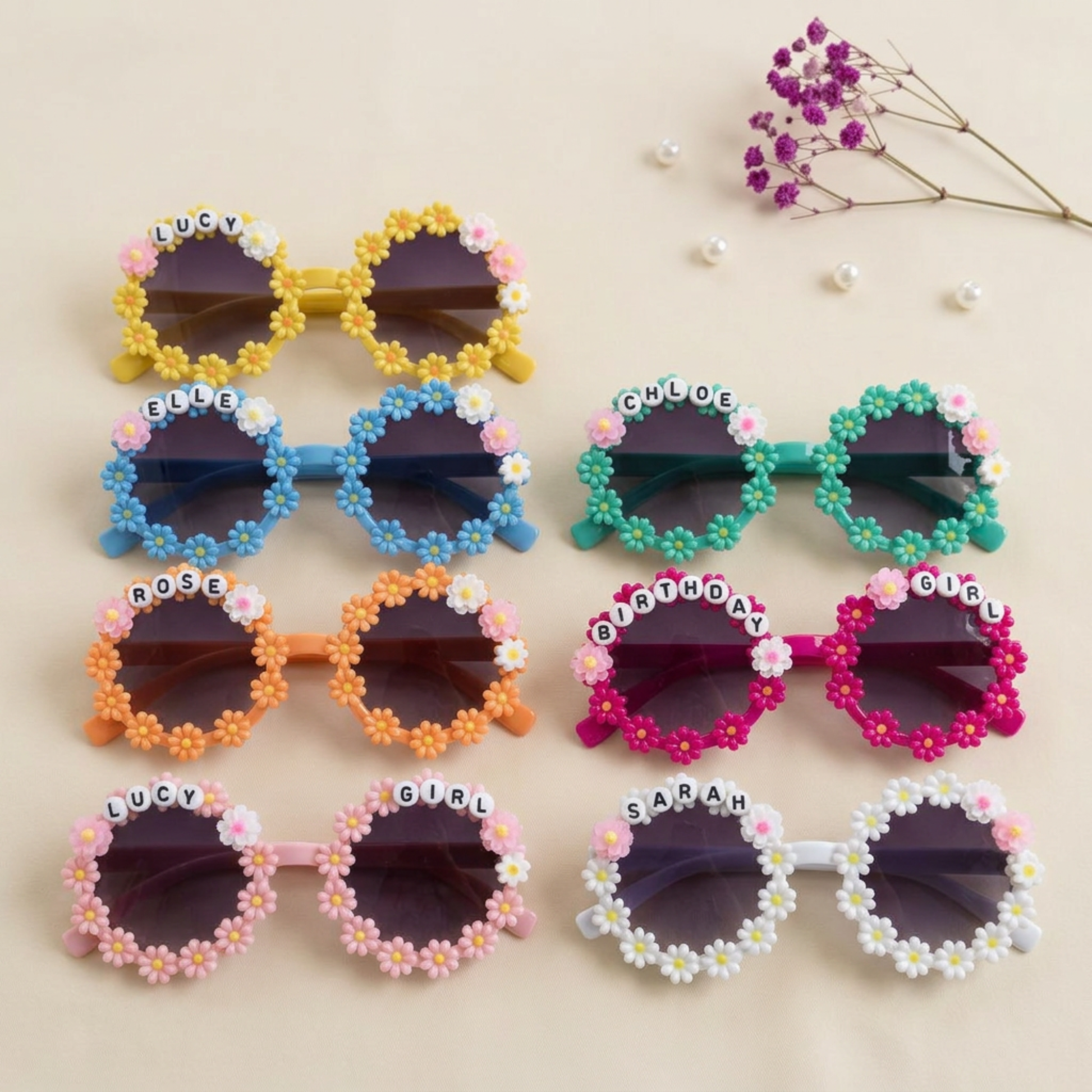 Personalised Kids Sunglasses with Name, Flower Daisy Sunglasses for Girls Custom Kids Sunglasses with Name