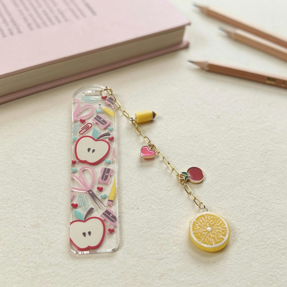 Teacher Bookmark with Charms, Cute Acrylic Bookmark, Teacher Appreciation Gift, Apple Bookmark, End of Year Teacher Gift, Christmas Present